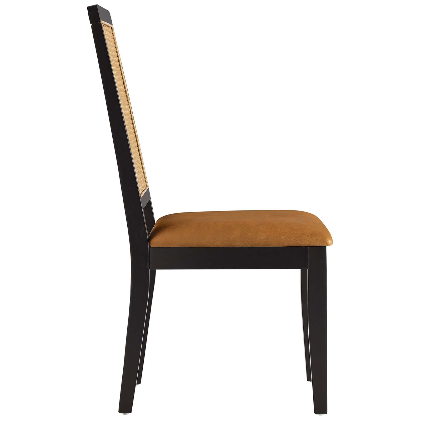 Slim black wood frame and tapered legs supporting a tan vegan leather dining seat || EEI-6802-BLK-NAT-TAN || side_studio