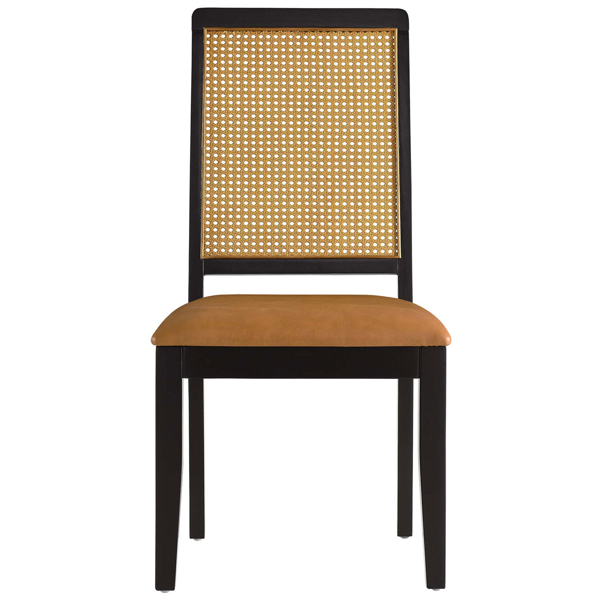 Black wood dining chair with square cane back and padded tan vegan leather seat || EEI-6802-BLK-NAT-TAN || front_studio