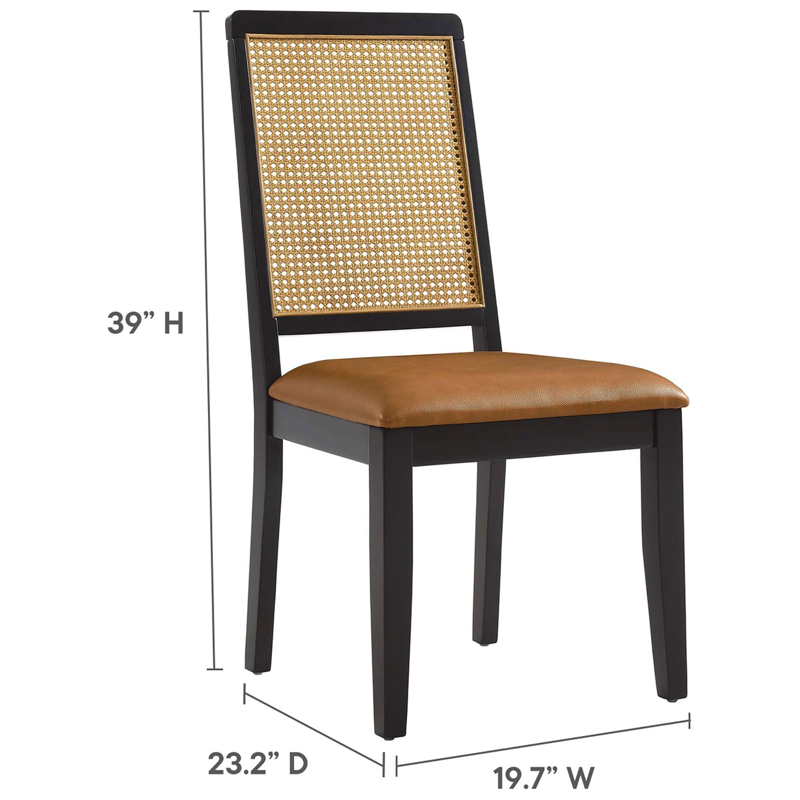 Arlo dining chair with measurements showing height, width, and depth for easy space planning || EEI-6802-BLK-NAT-TAN || dimension_studio