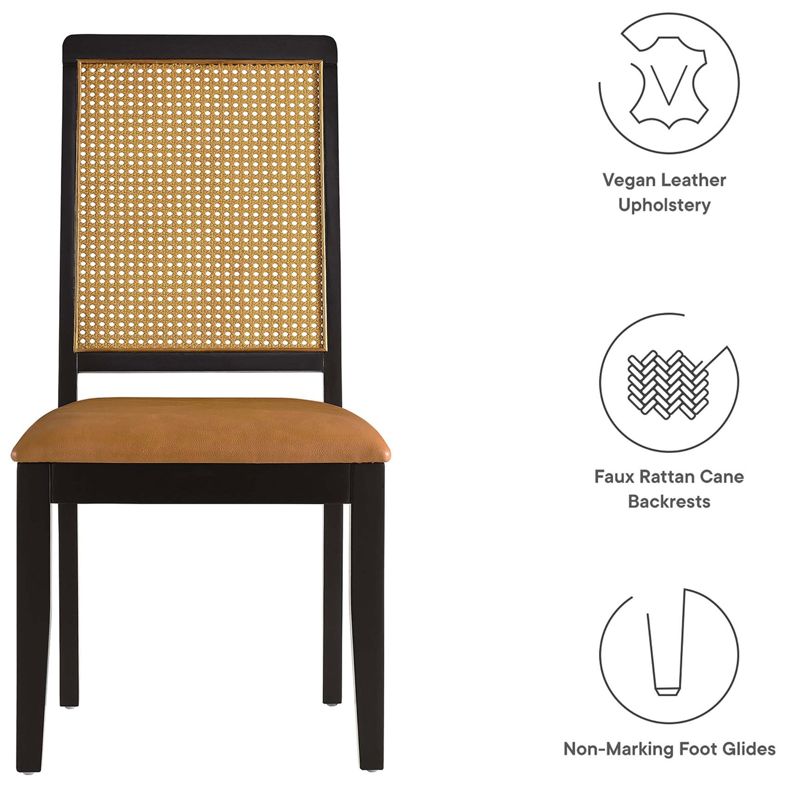 Arlo dining chair with icons highlighting vegan leather upholstery, cane back, and non-marking foot glides || EEI-6802-BLK-NAT-TAN || callout_studio