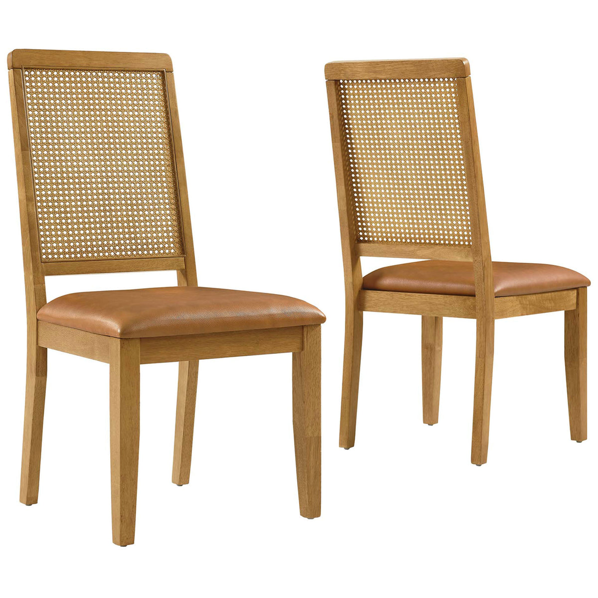 Set of two natural wood dining chairs with tan vegan leather seats and airy cane backs || EEI-6802-NAT-NAT-TAN || front_angle_multi_studio