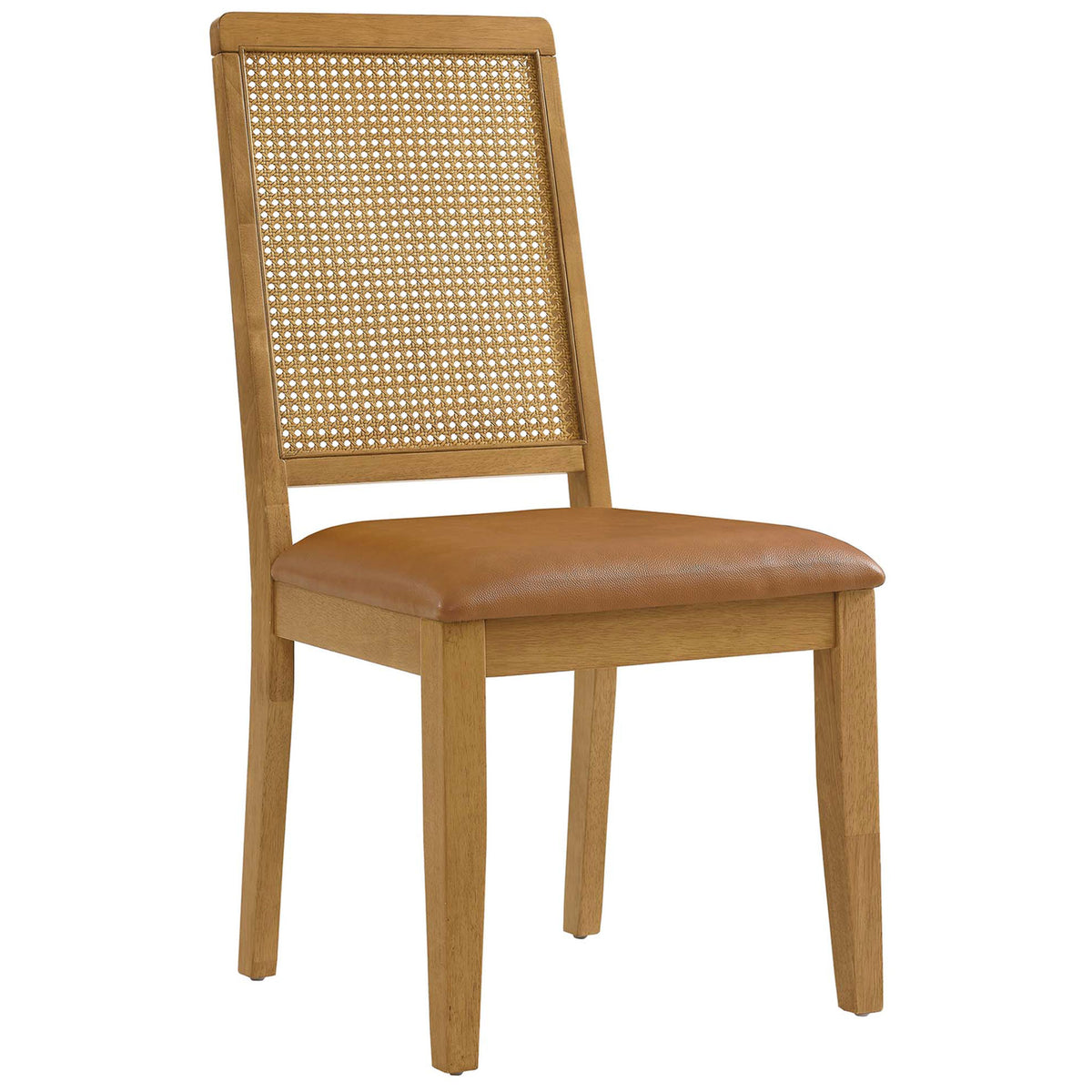 Natural wood side chair with tan vegan leather seat and open cane back detail || EEI-6802-NAT-NAT-TAN || front_angle_studio