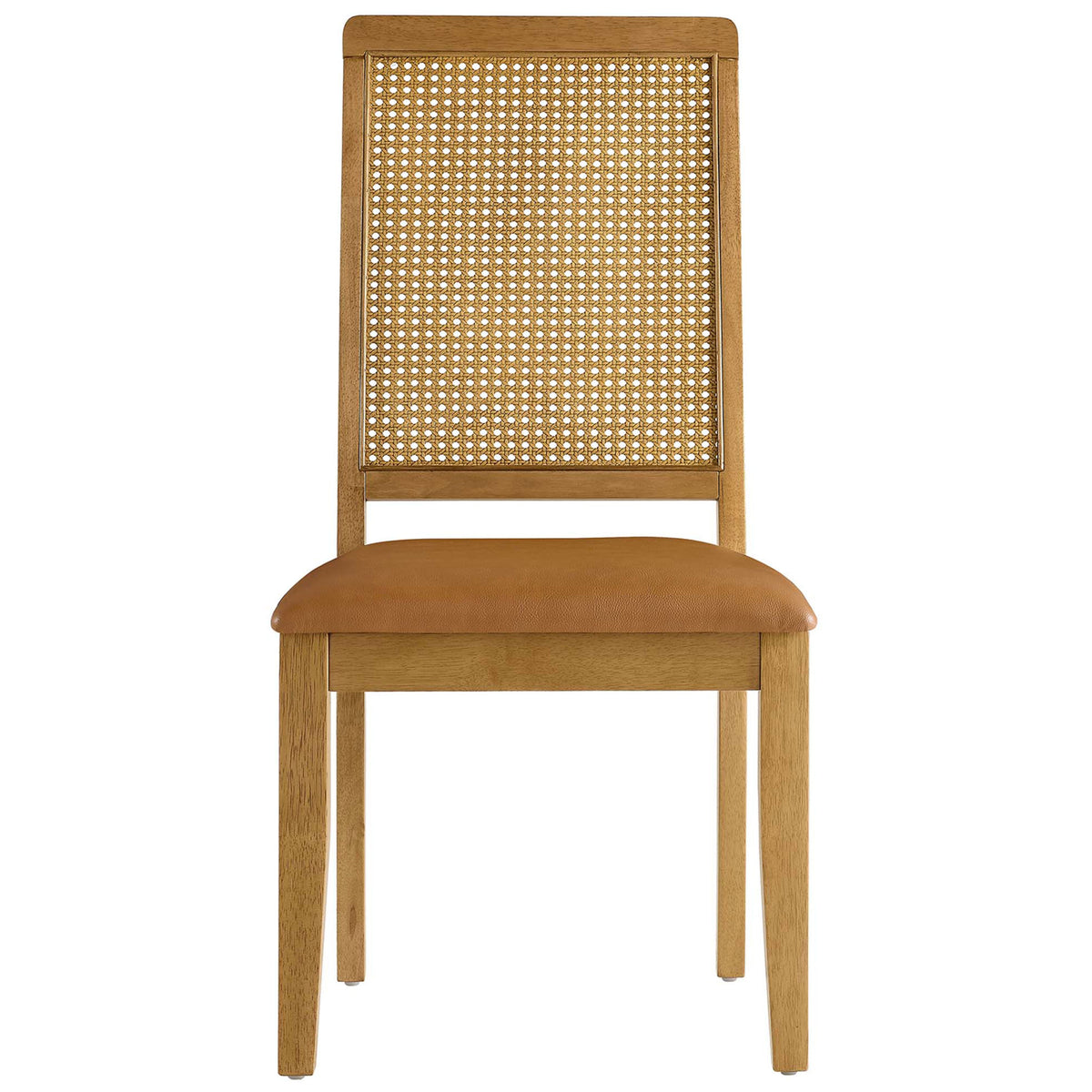 Dining chair with generously padded tan vegan leather seat and breathable cane backrest || EEI-6802-NAT-NAT-TAN || front_studio