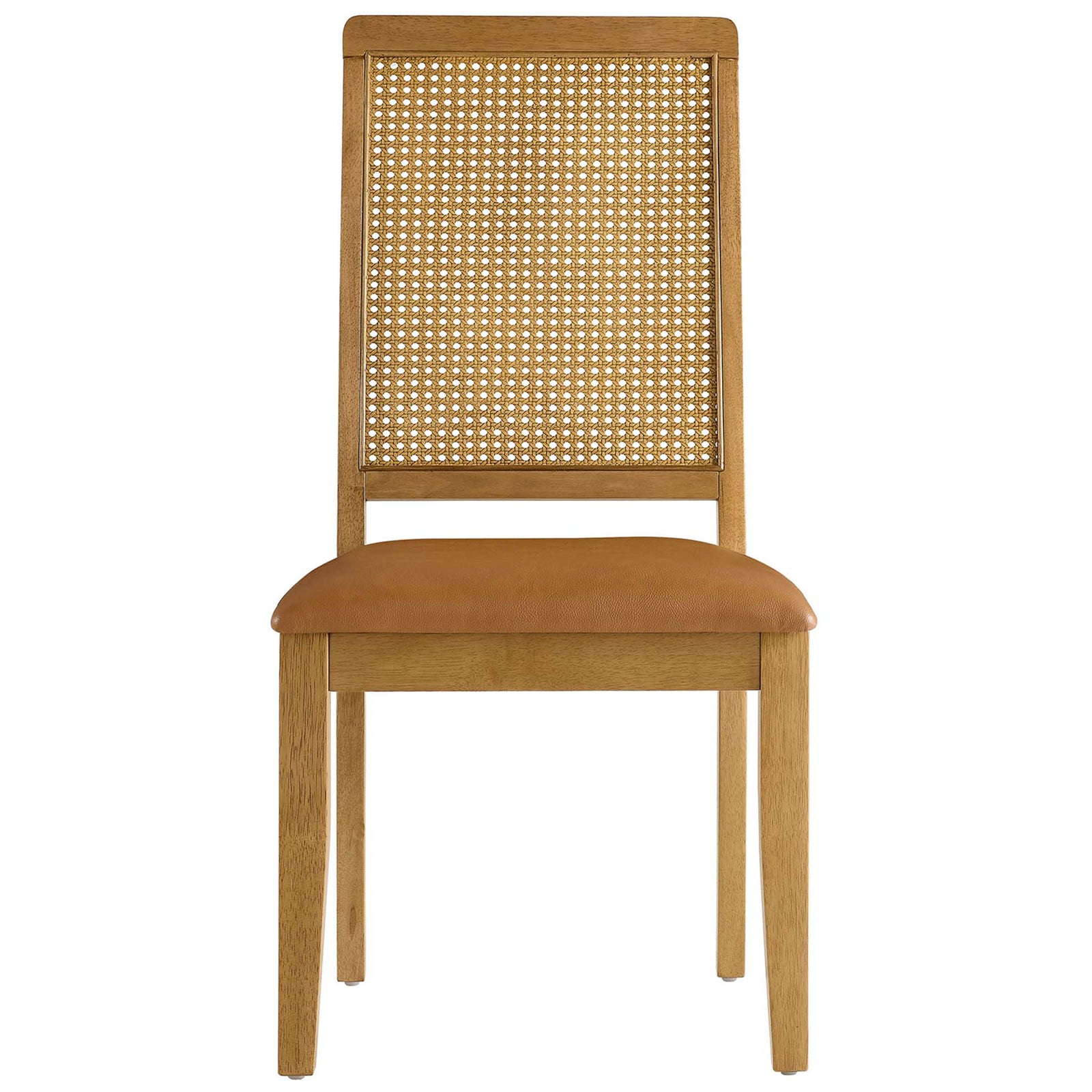 Dining chair with generously padded tan vegan leather seat and breathable cane backrest || EEI-6802-NAT-NAT-TAN || front_studio
