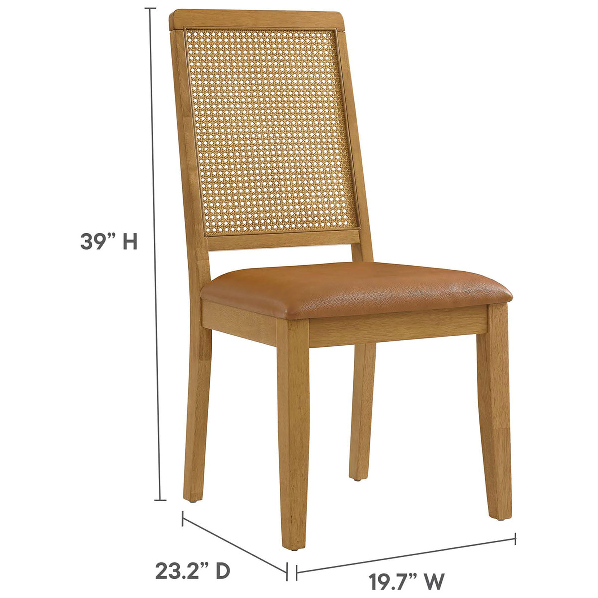 Chair displaying its generous seat size and supportive cane back with labeled measurements || EEI-6802-NAT-NAT-TAN || dimension_studio