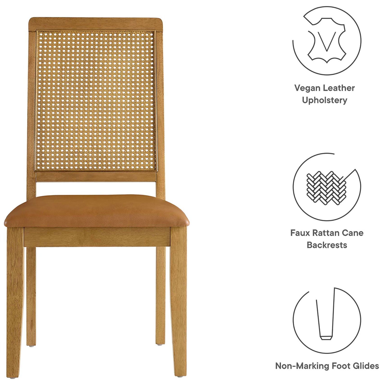 Chair showcasing vegan leather upholstery, faux cane rattan back, and non-marking foot glides || EEI-6802-NAT-NAT-TAN || callout_studio