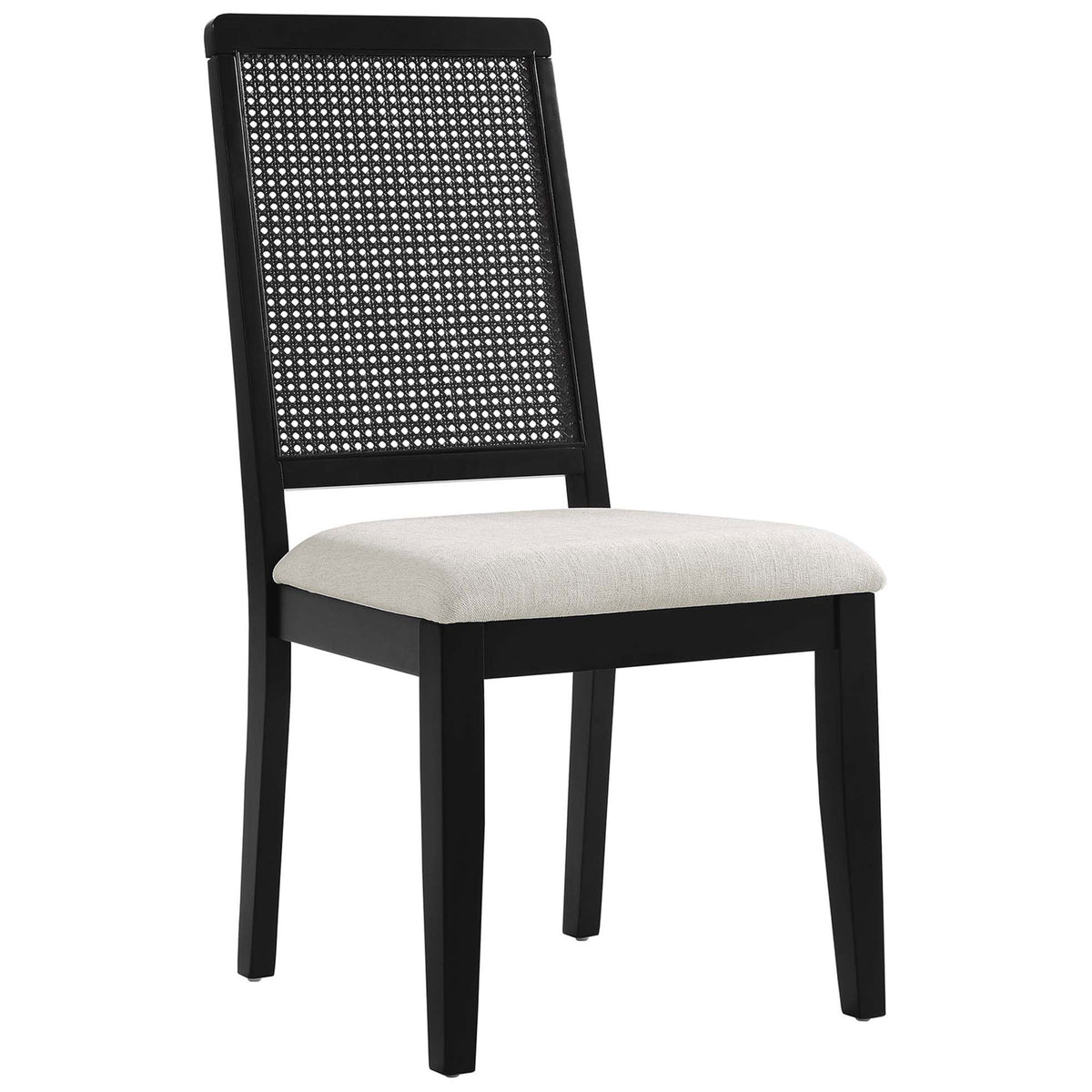 Black wood dining chair with faux cane back and soft ivory upholstered seat || EEI-6803-BLK-BLK-HEI || front_angle_studio