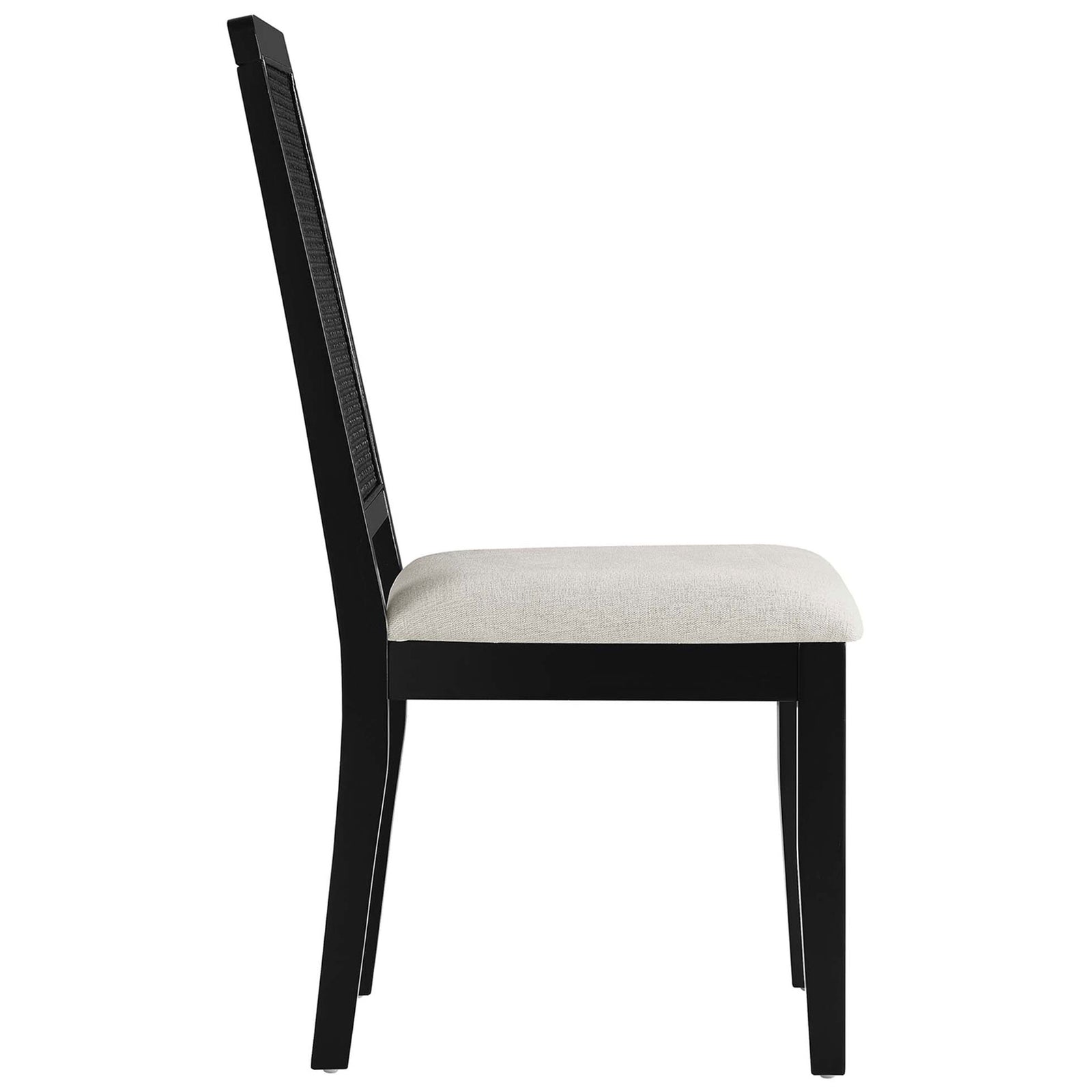 Slim black wood dining chair showcasing the gently cushioned ivory seat profile || EEI-6803-BLK-BLK-HEI || side_studio