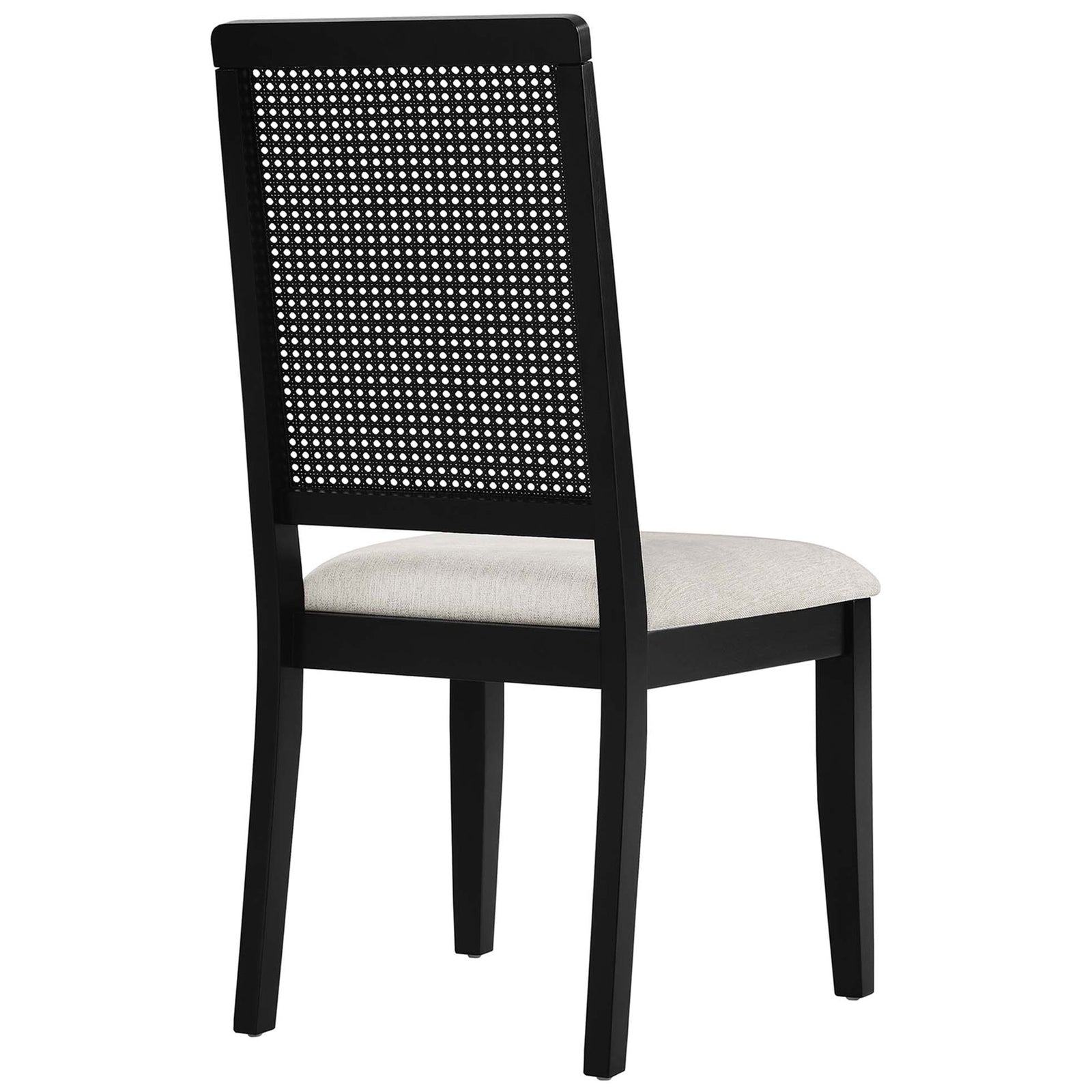 Black faux rattan cane backrest framed by clean-lined black wood chair legs || EEI-6803-BLK-BLK-HEI || back_angle_studio