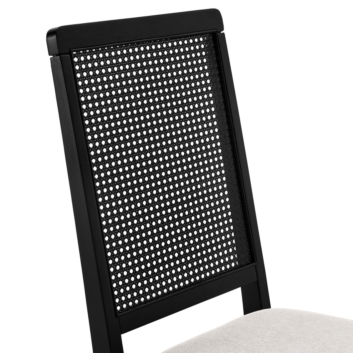 Textured black faux rattan cane backrest contrasted with the smooth ivory seat cushion || EEI-6803-BLK-BLK-HEI || detail_studio