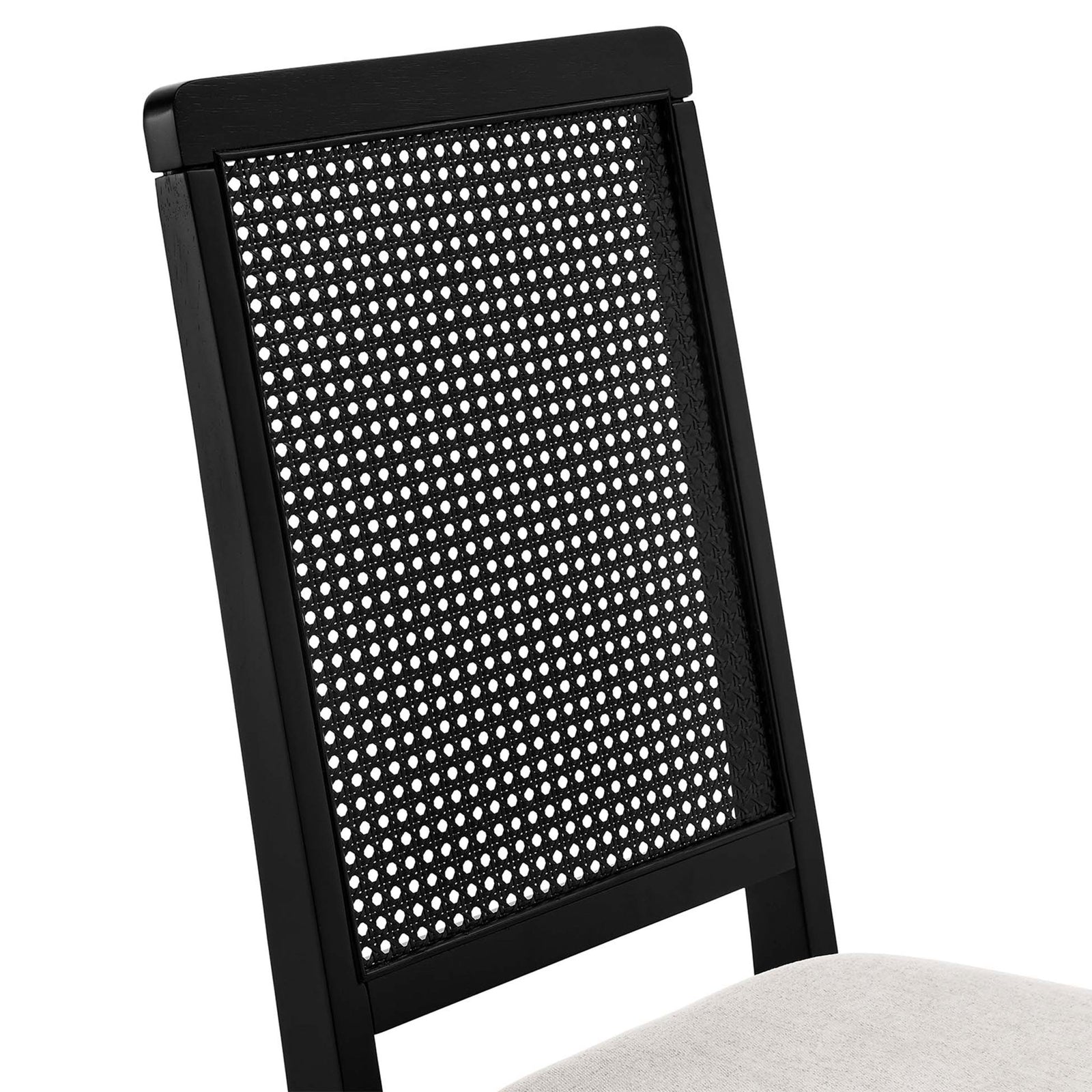 Textured black faux rattan cane backrest contrasted with the smooth ivory seat cushion || EEI-6803-BLK-BLK-HEI || detail_studio