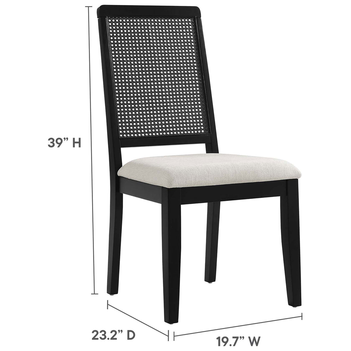 Dimensions of the black faux rattan dining chair with ivory cushioned seat shown in inches || EEI-6803-BLK-BLK-HEI || dimension_studio