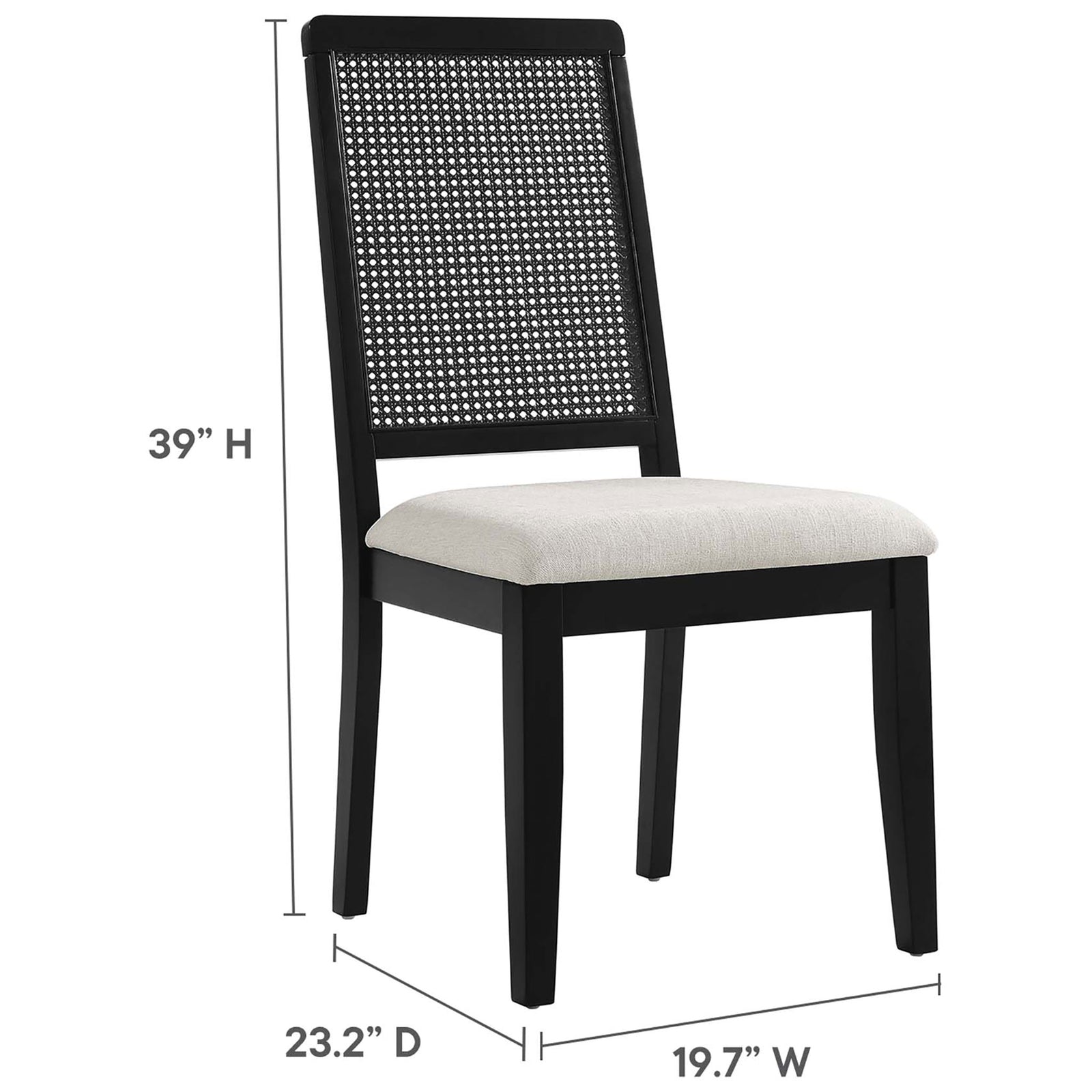 Dimensions of the black faux rattan dining chair with ivory cushioned seat shown in inches || EEI-6803-BLK-BLK-HEI || dimension_studio