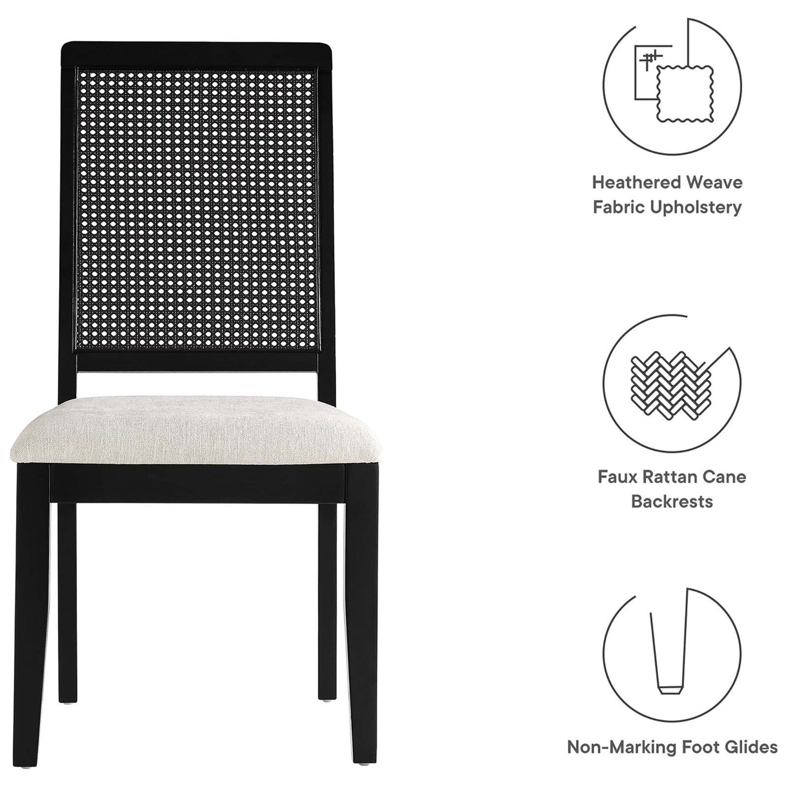 Feature callouts highlighting heathered ivory upholstery, faux rattan cane back, and non-marking foot glides || EEI-6803-BLK-BLK-HEI || callout_studio