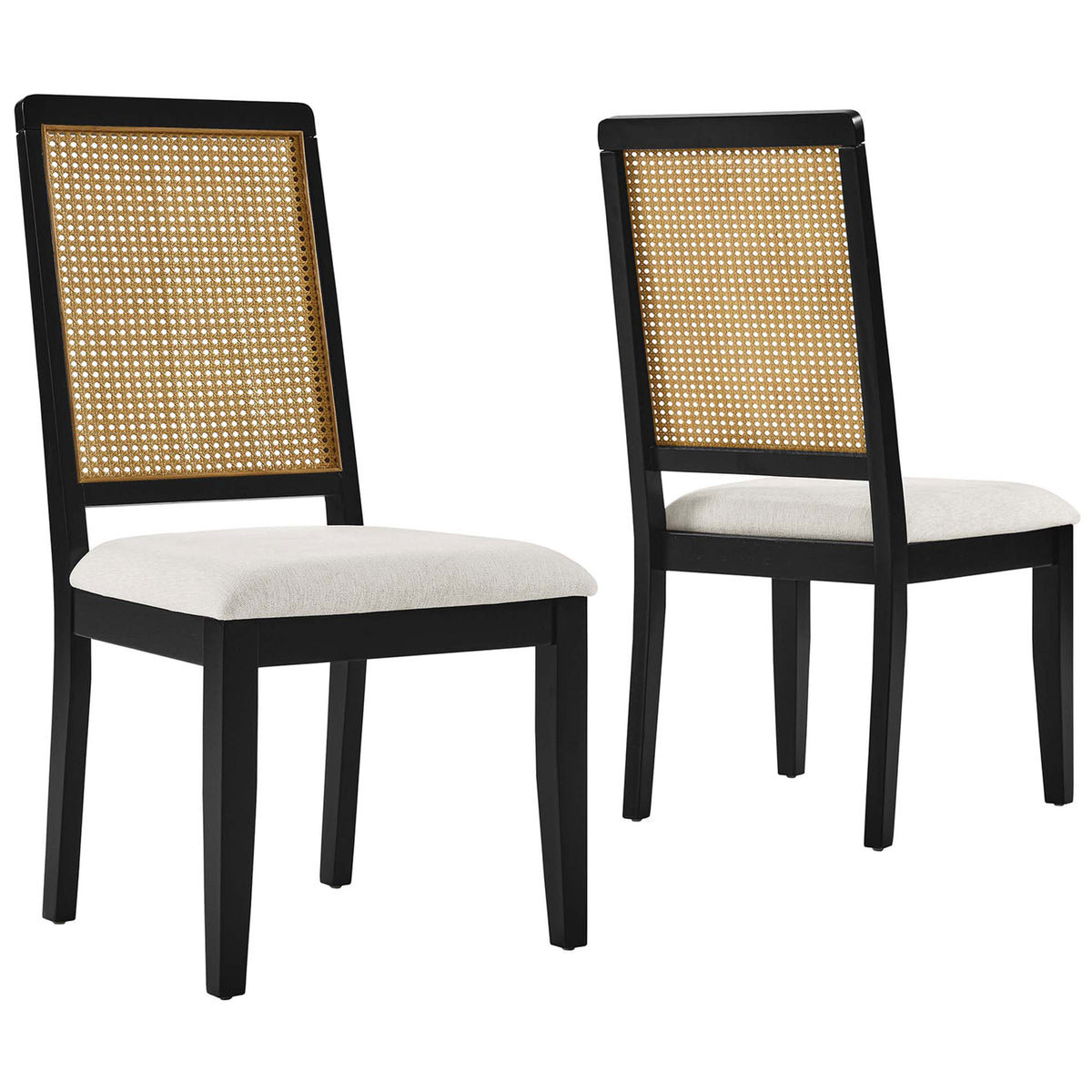 Set of two black wood dining chairs with faux rattan backs and ivory cushioned seats || EEI-6803-BLK-NAT-HEI || front_angle_multi_studio