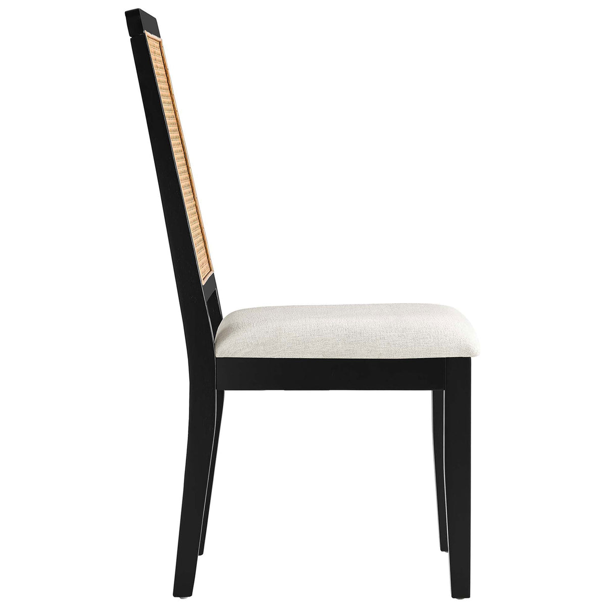 Black wood dining chair displaying a comfortably thick ivory seat cushion and slim leg silhouette || EEI-6803-BLK-NAT-HEI || side_studio