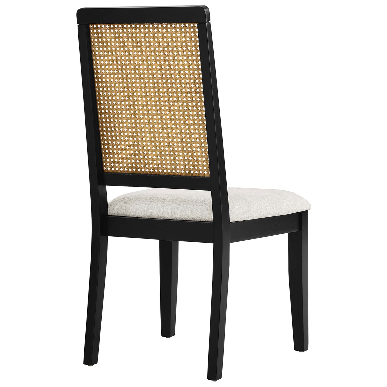 Dining chair with full woven faux rattan cane back framed by a sleek black wood outline || EEI-6803-BLK-NAT-HEI || back_angle_studio