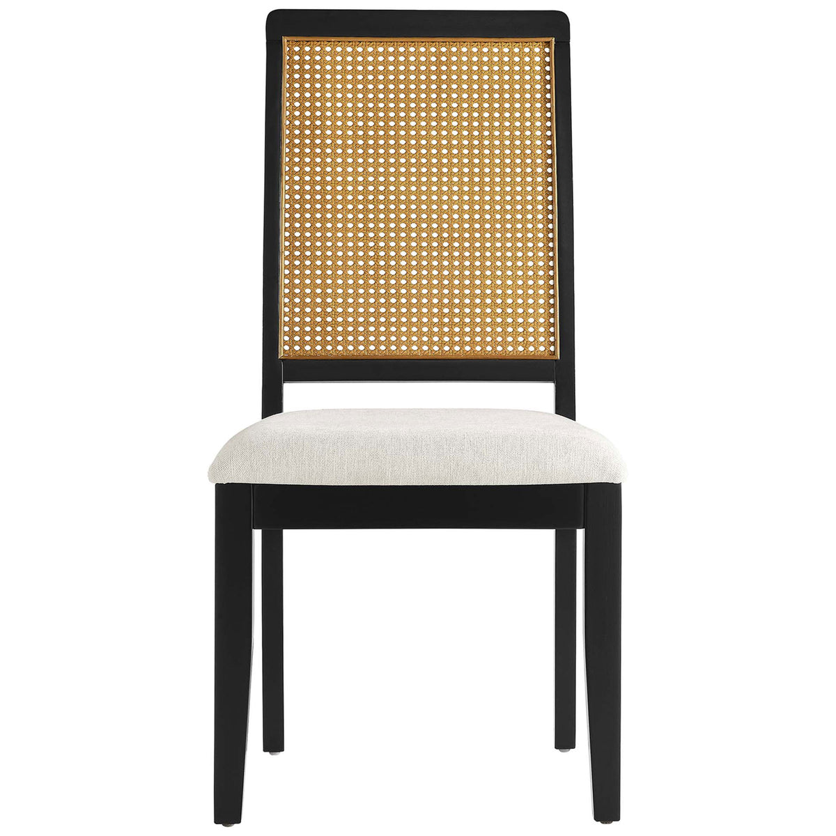 Black wood dining chair with natural cane panel and heathered ivory upholstered seat || EEI-6803-BLK-NAT-HEI || front_studio
