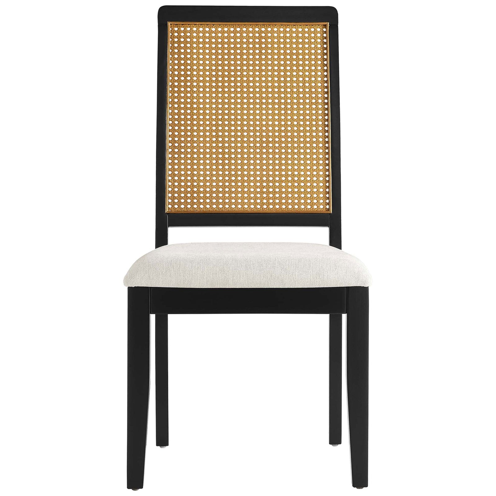 Black wood dining chair with natural cane panel and heathered ivory upholstered seat || EEI-6803-BLK-NAT-HEI || front_studio