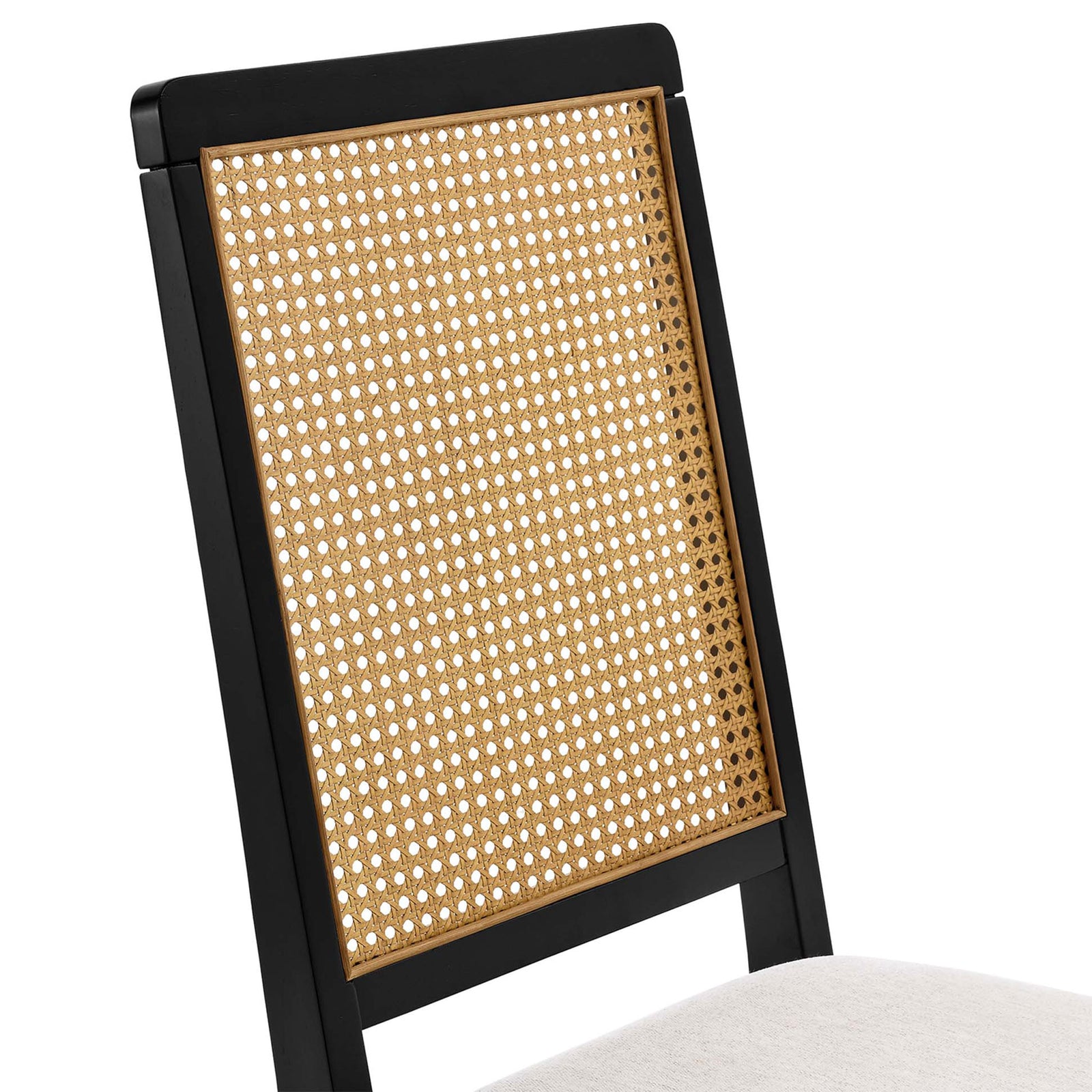 Textured faux rattan cane backrest framed in smooth black wood for airy, modern style || EEI-6803-BLK-NAT-HEI || detail_studio