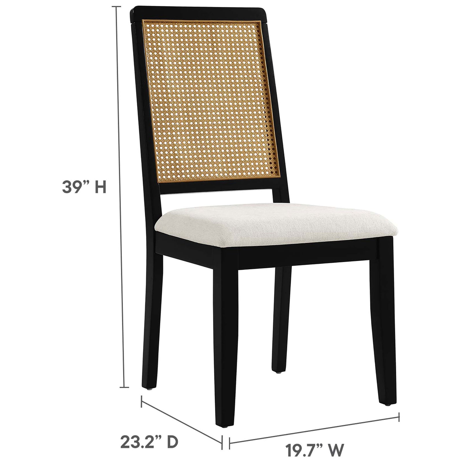 Cane back dining chair with ivory seat and clearly labeled measurements for height, width, and depth || EEI-6803-BLK-NAT-HEI || dimension_studio
