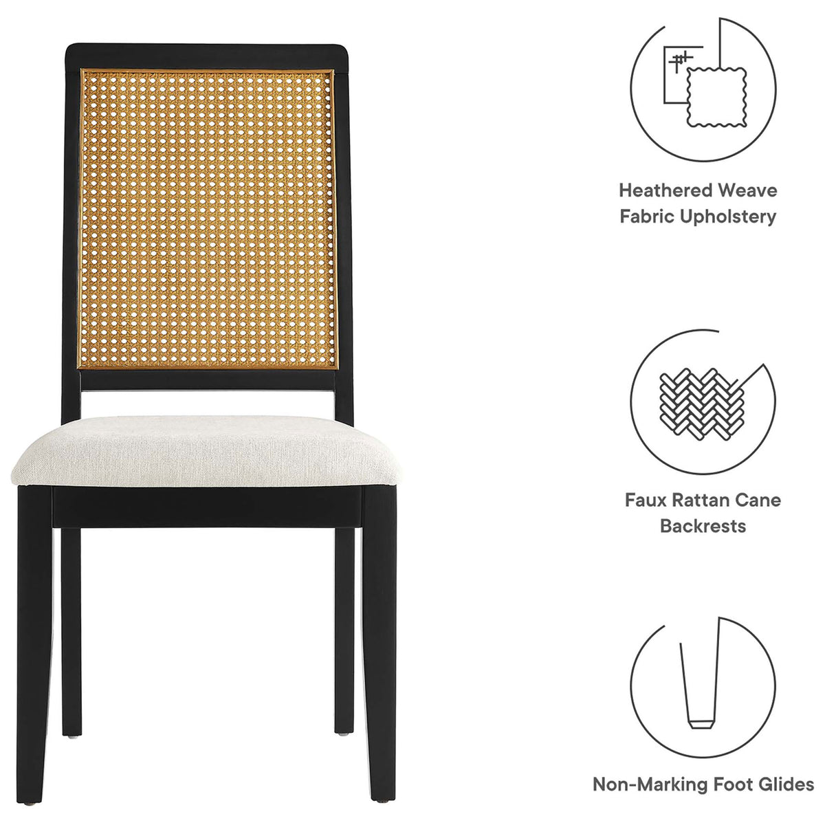 Dining chair emphasizing heathered weave upholstery, faux rattan cane back, and non marking foot glides || EEI-6803-BLK-NAT-HEI || callout_studio