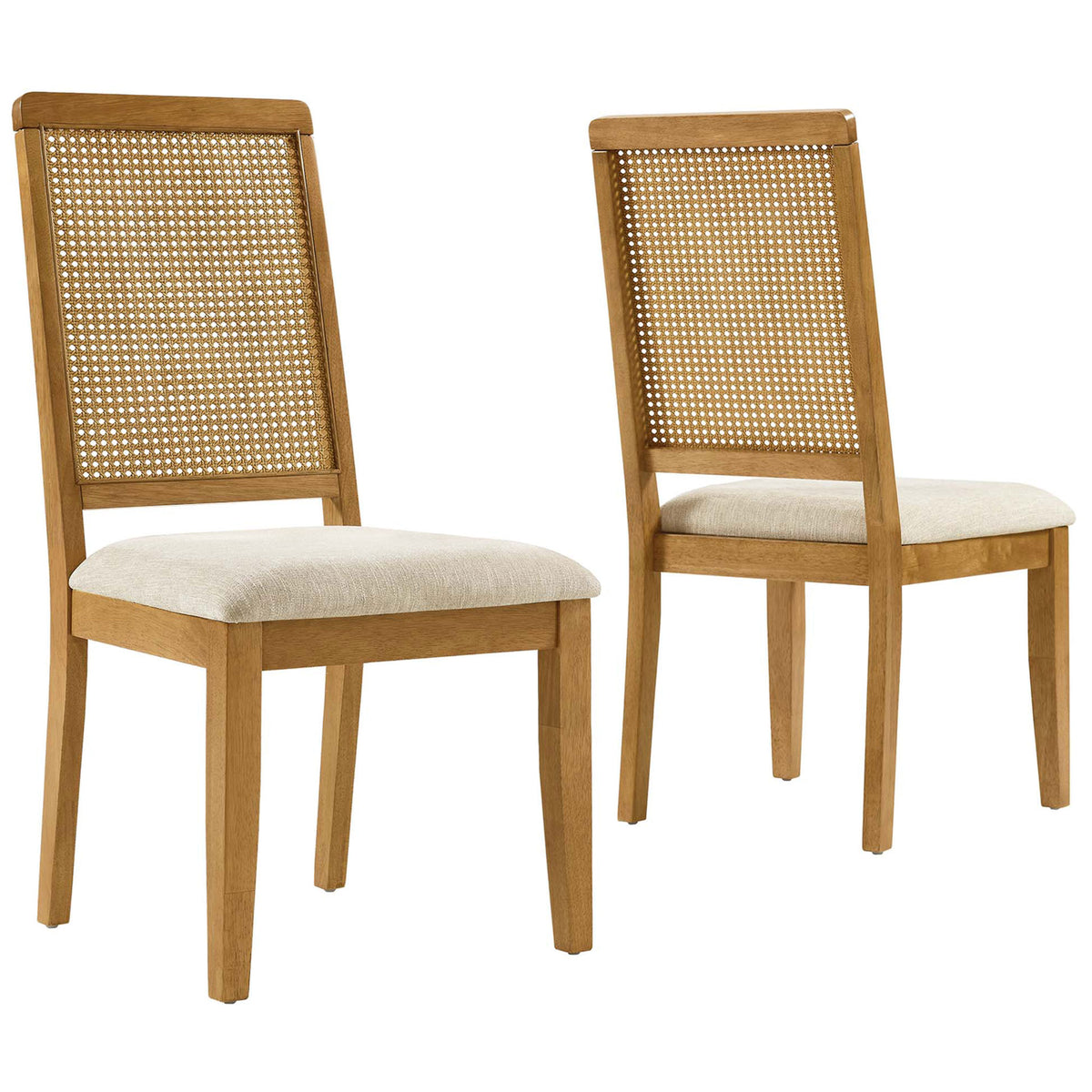 Set of two Arlo faux rattan dining chairs with natural wood frames and cushioned beige seats || EEI-6803-NAT-NAT-HLB || front_angle_multi_studio