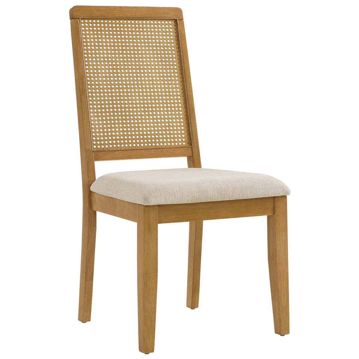 Natural wood Arlo side chair showcasing the airy rattan back and comfortably padded heathered seat || EEI-6803-NAT-NAT-HLB || front_angle_studio