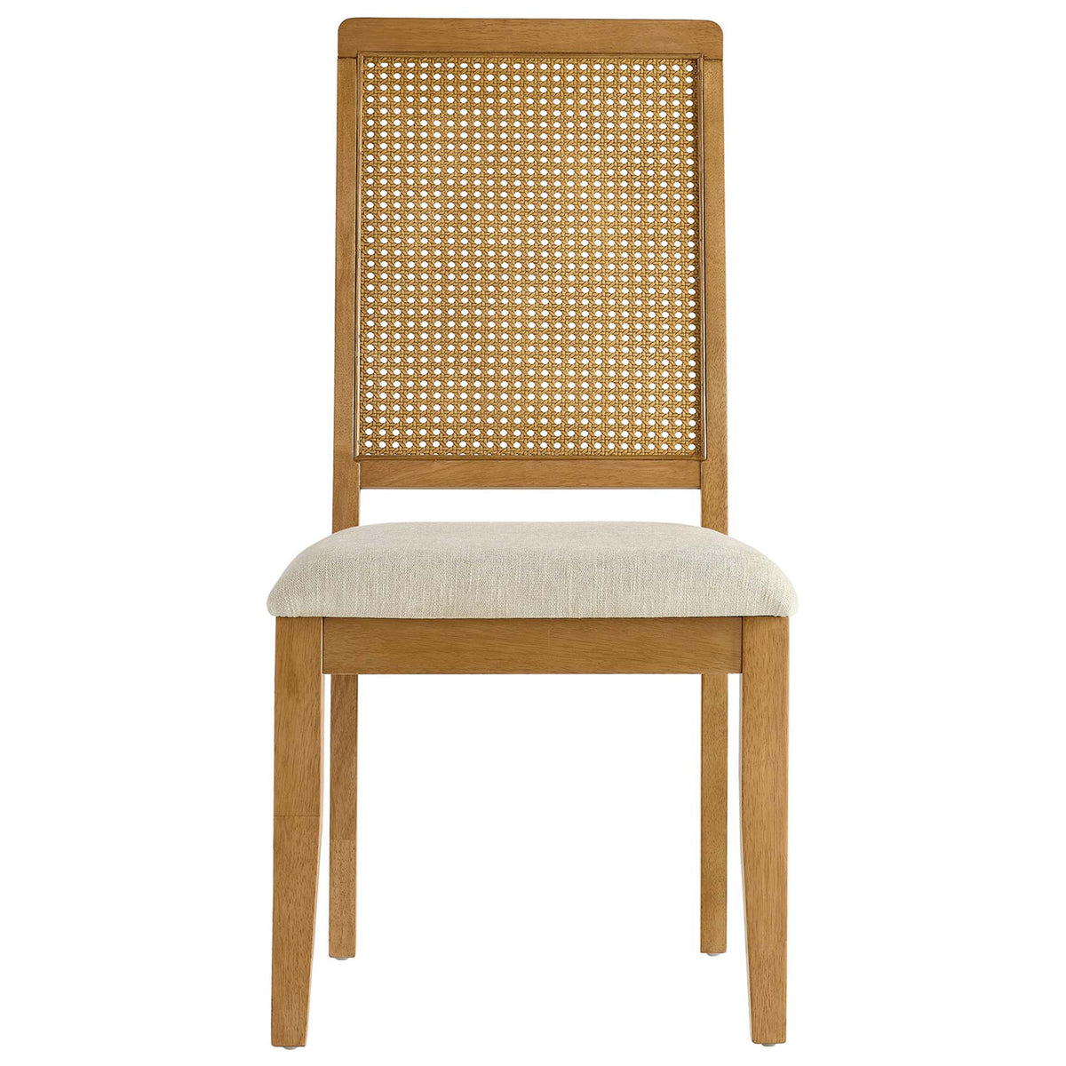Arlo dining chair with faux cane backrest and soft beige upholstered seat on natural wood frame || EEI-6803-NAT-NAT-HLB || front_studio