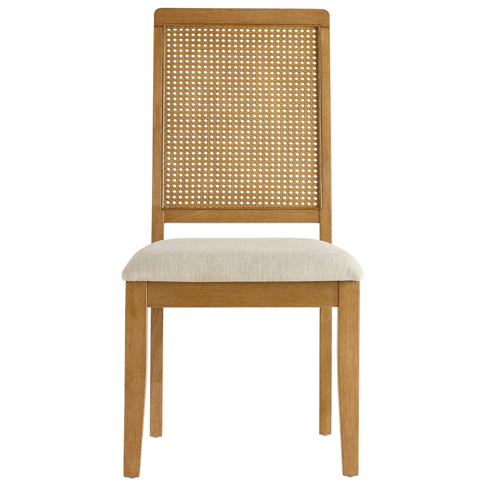 Arlo dining chair with faux cane backrest and soft beige upholstered seat on natural wood frame || EEI-6803-NAT-NAT-HLB || front_studio