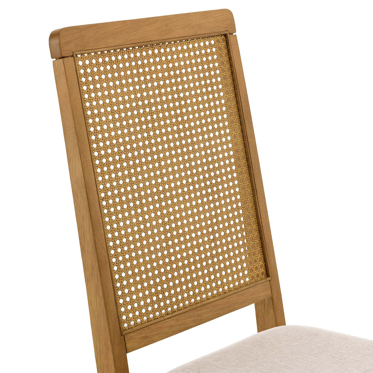 Close look at the Arlo chair faux cane rattan backrest framed in smooth natural wood || EEI-6803-NAT-NAT-HLB || detail_studio