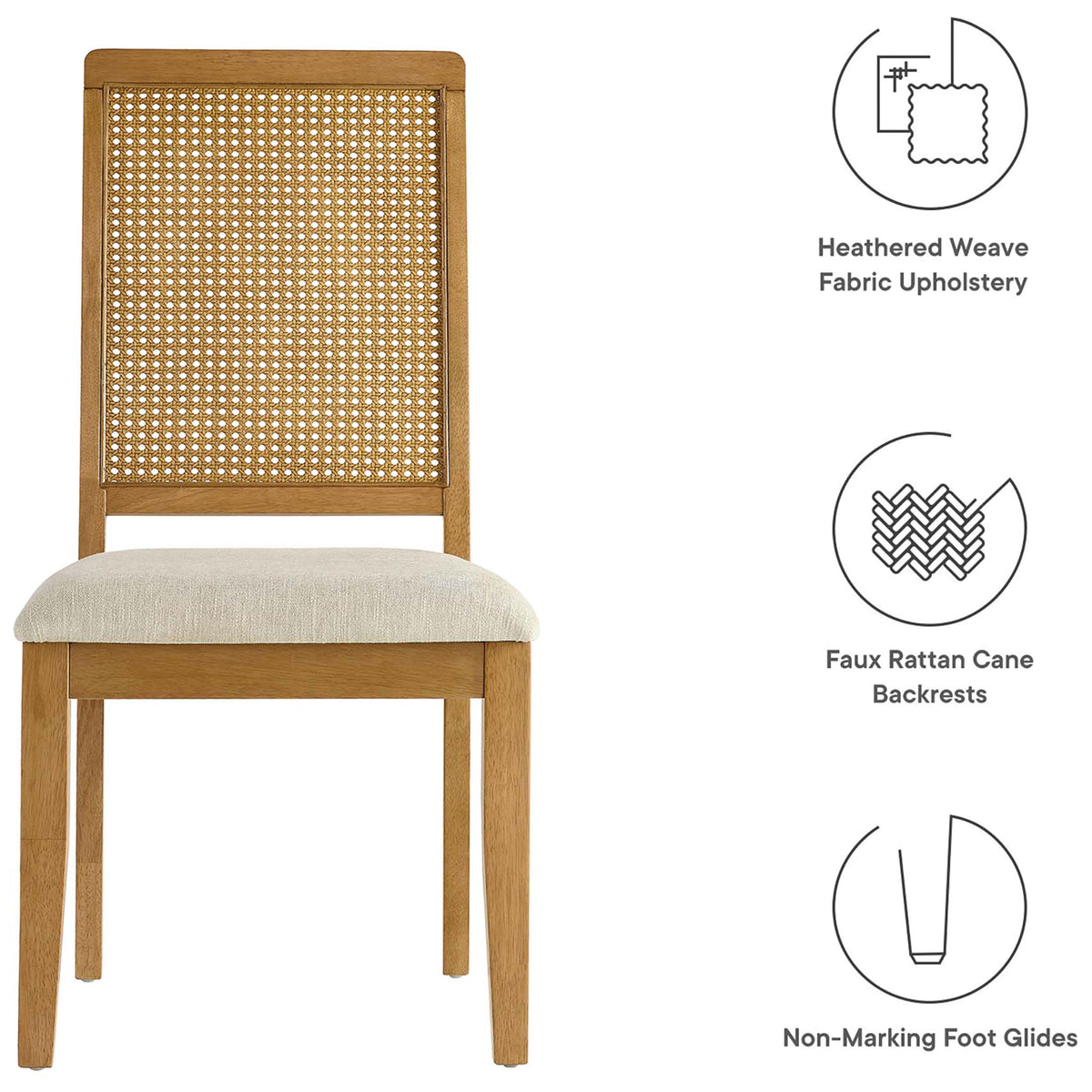 Feature icons highlighting the Arlo chair heathered upholstery, faux rattan back, and non-marking foot glides || EEI-6803-NAT-NAT-HLB || callout_studio