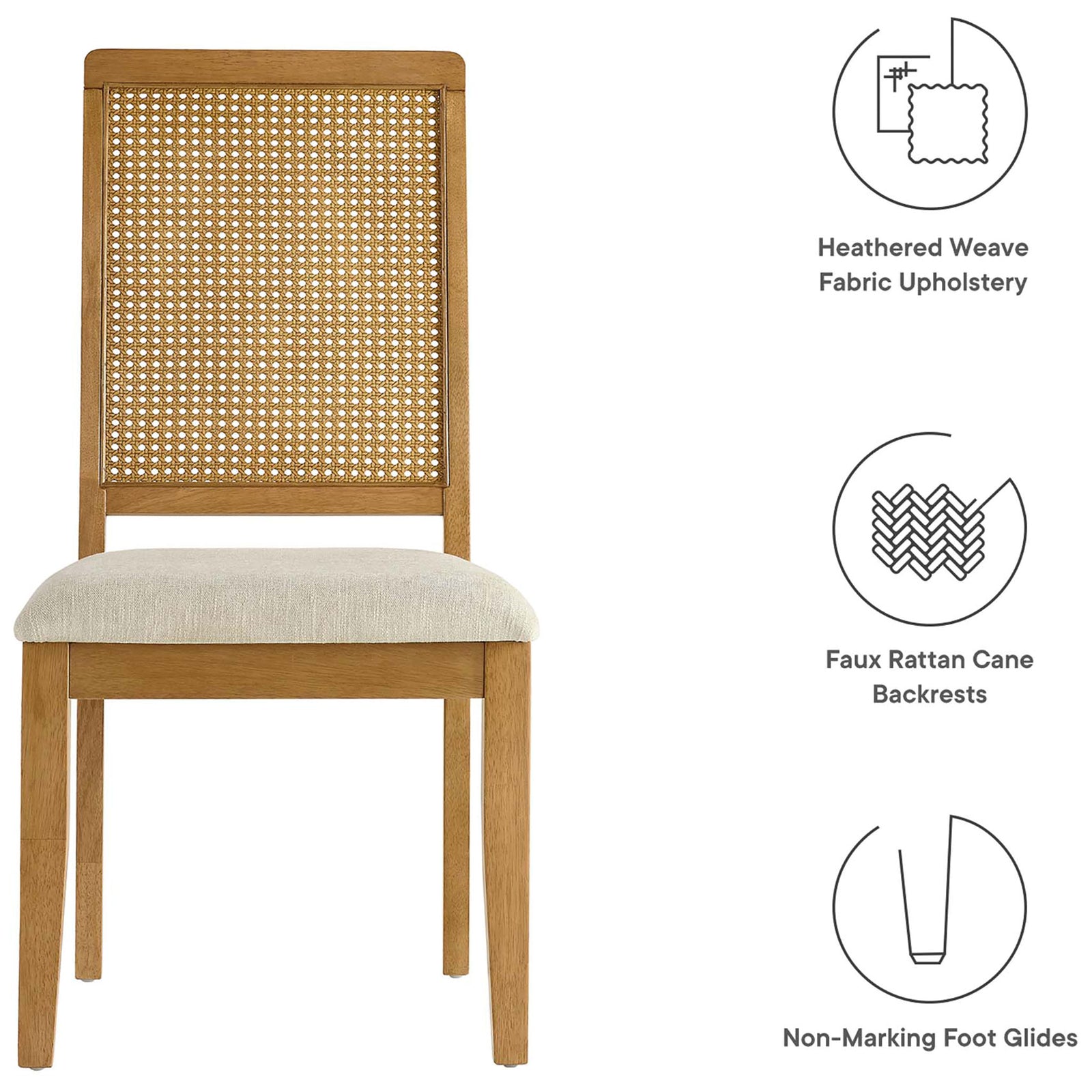Feature icons highlighting the Arlo chair heathered upholstery, faux rattan back, and non-marking foot glides || EEI-6803-NAT-NAT-HLB || callout_studio