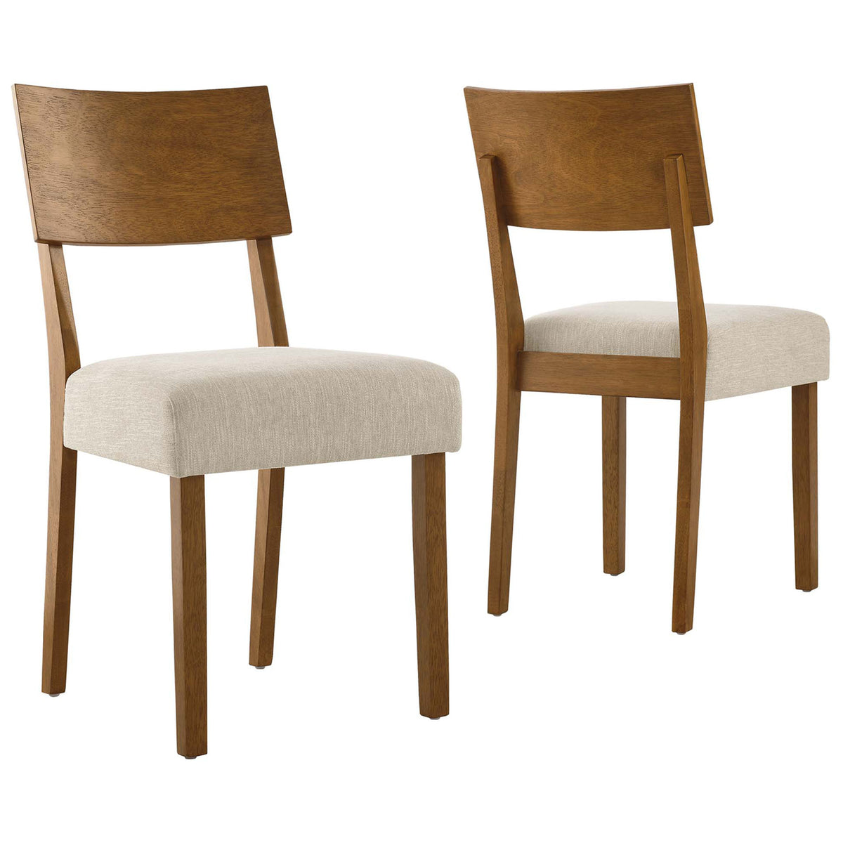 Pair of Pax wood dining side chairs with acorn frames and light beige heathered fabric seats || EEI-6804-ACO-HLB || front_angle_multi_studio