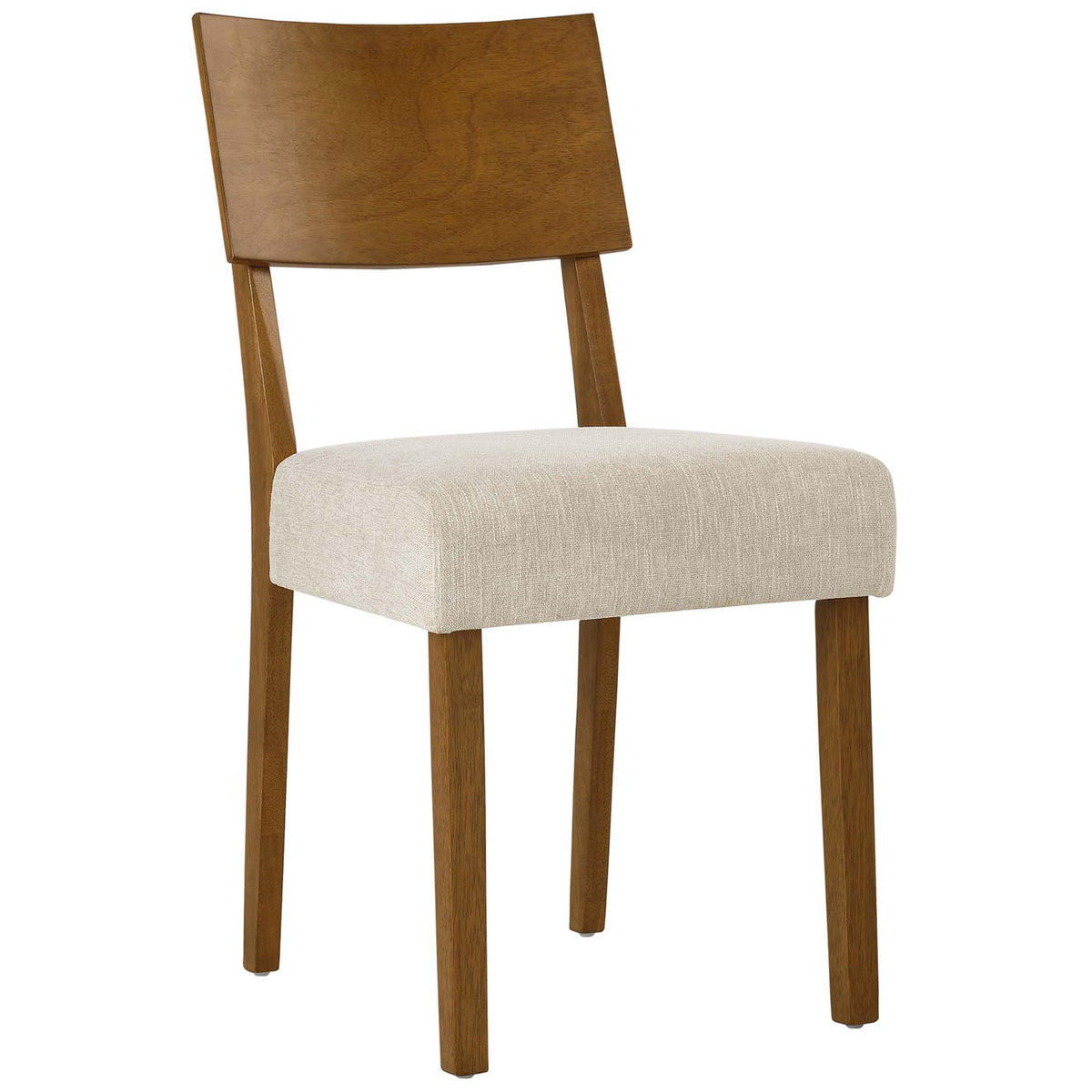 Armless mid-century dining chair featuring a warm acorn wood frame and softly textured beige upholstered seat || EEI-6804-ACO-HLB || front_angle_studio