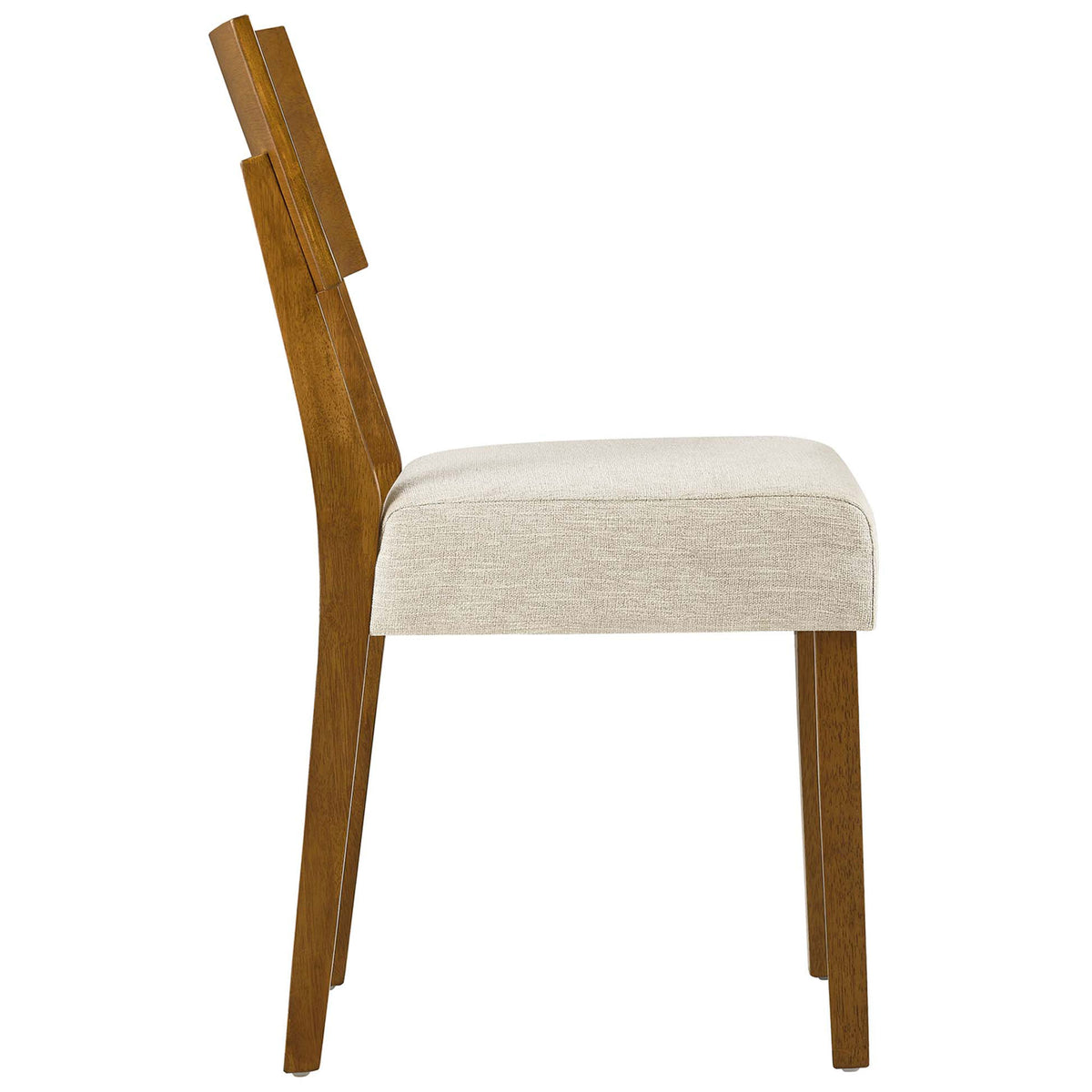 Slim wood dining chair profile showing the thick cushioned seat and supportive gently curved backrest || EEI-6804-ACO-HLB || side_studio