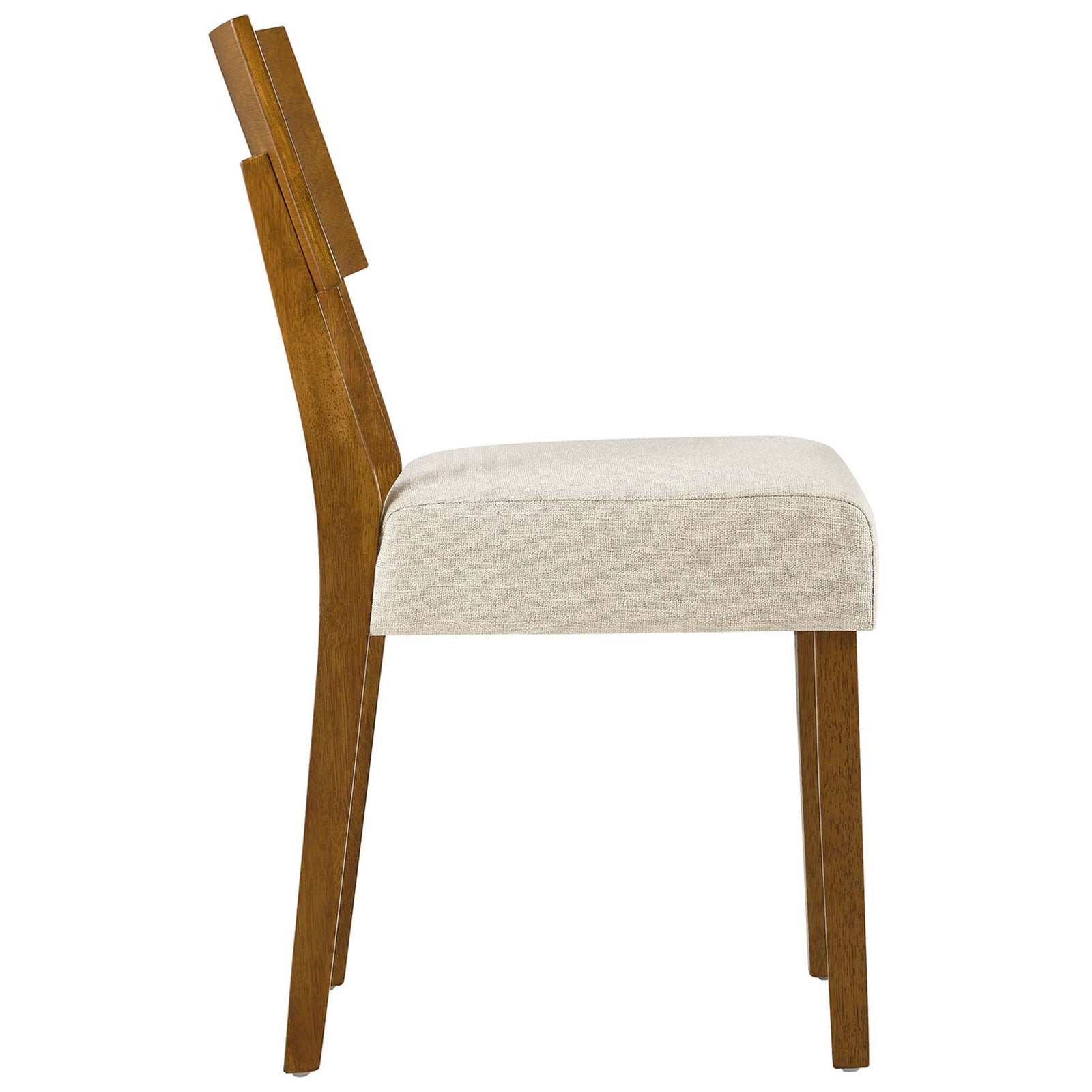 Slim wood dining chair profile showing the thick cushioned seat and supportive gently curved backrest || EEI-6804-ACO-HLB || side_studio