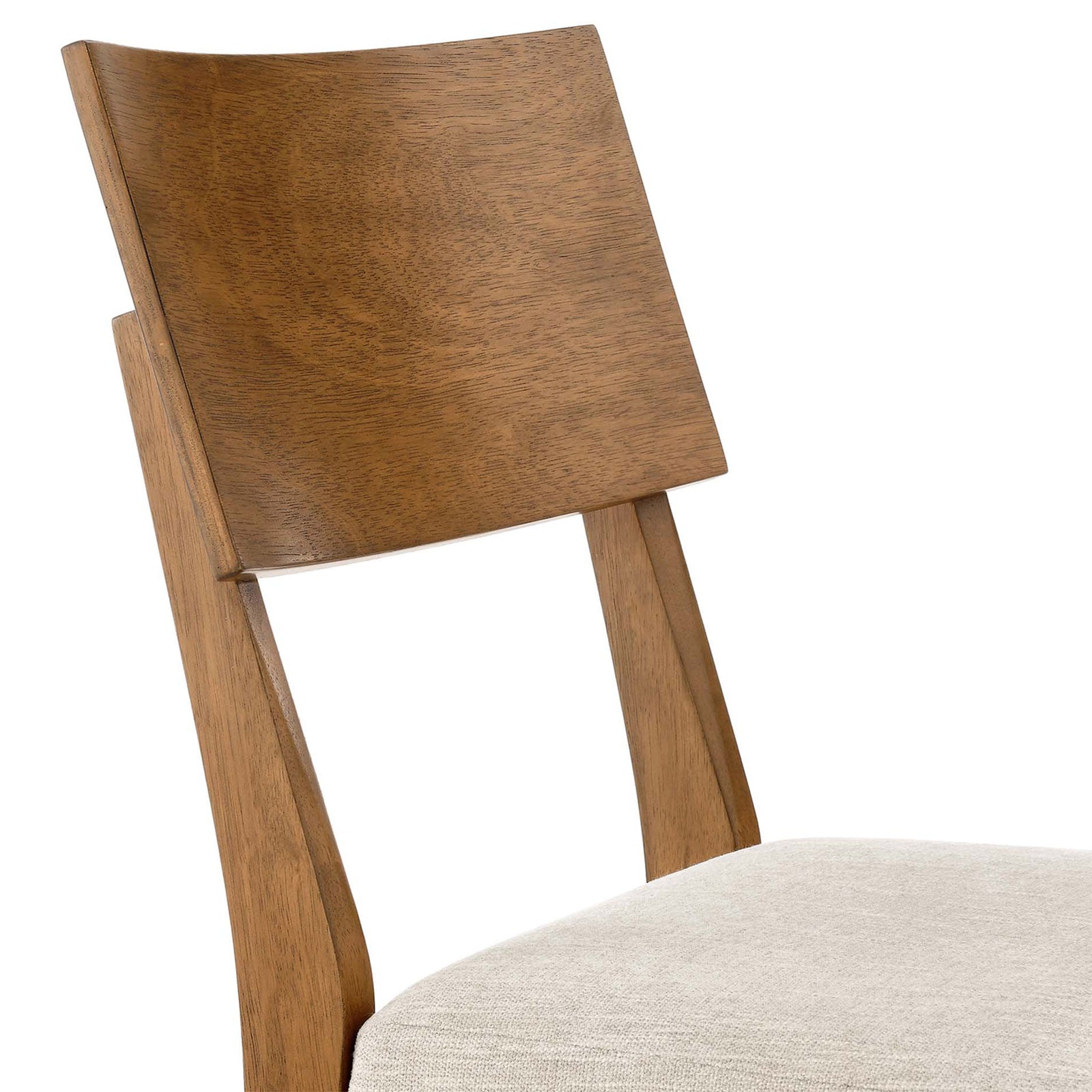 Detail of the Pax chair backrest showing rich wood grain and the soft heathered weave beige upholstery || EEI-6804-ACO-HLB || detail_studio