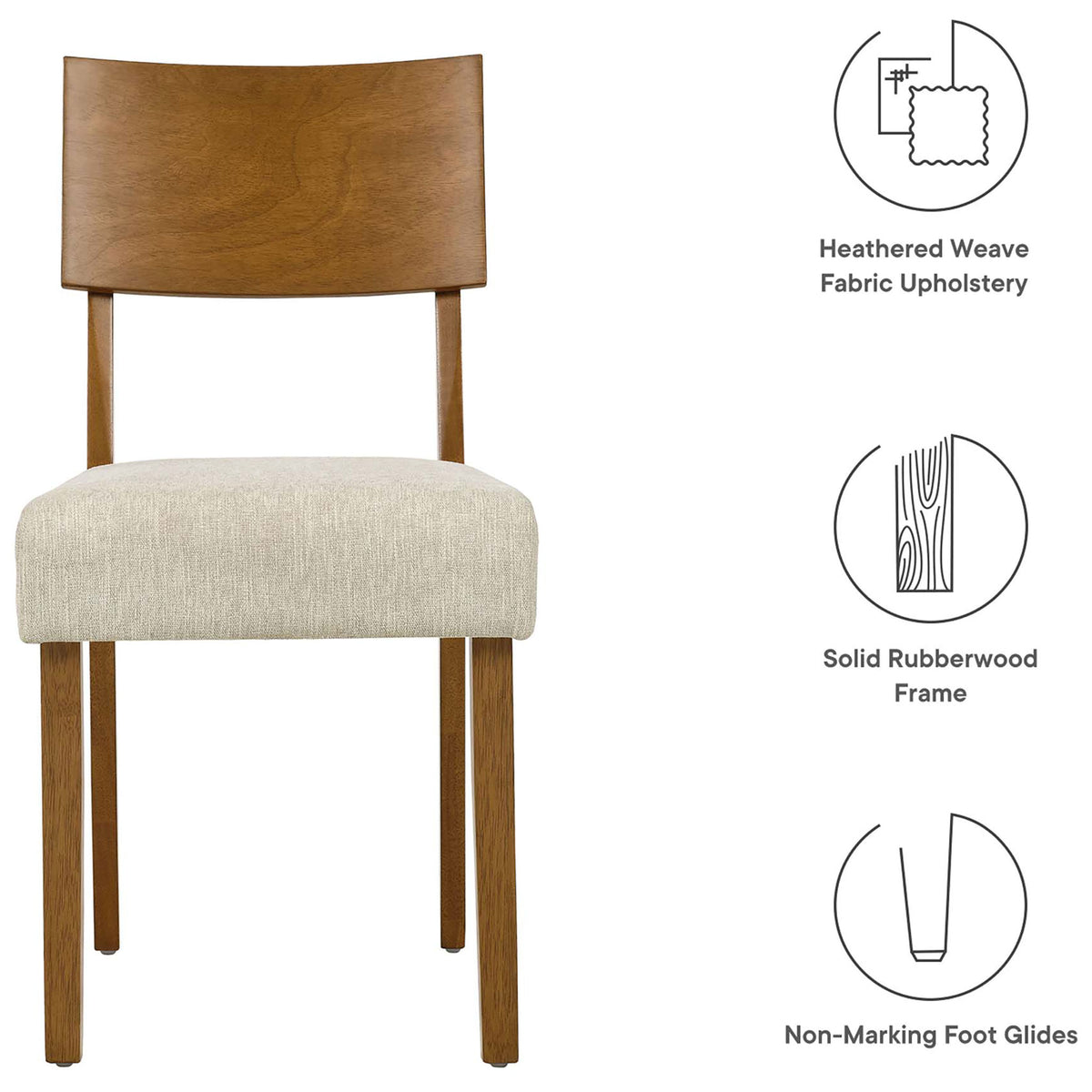 Pax dining chair with icons highlighting heathered upholstery, solid rubberwood frame, and non-marking foot glides || EEI-6804-ACO-HLB || callout_studio
