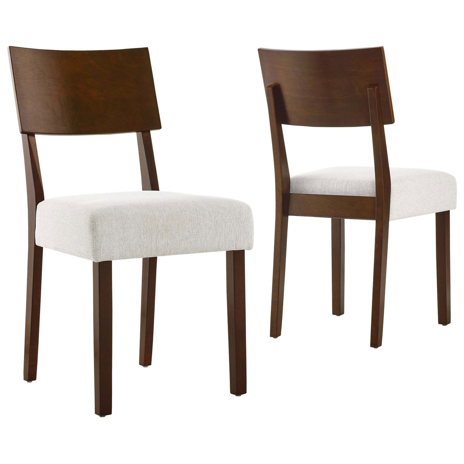 Set of two walnut wood dining chairs with ivory heathered upholstered seats. || EEI-6804-WAL-HEI || front_angle_multi_studio