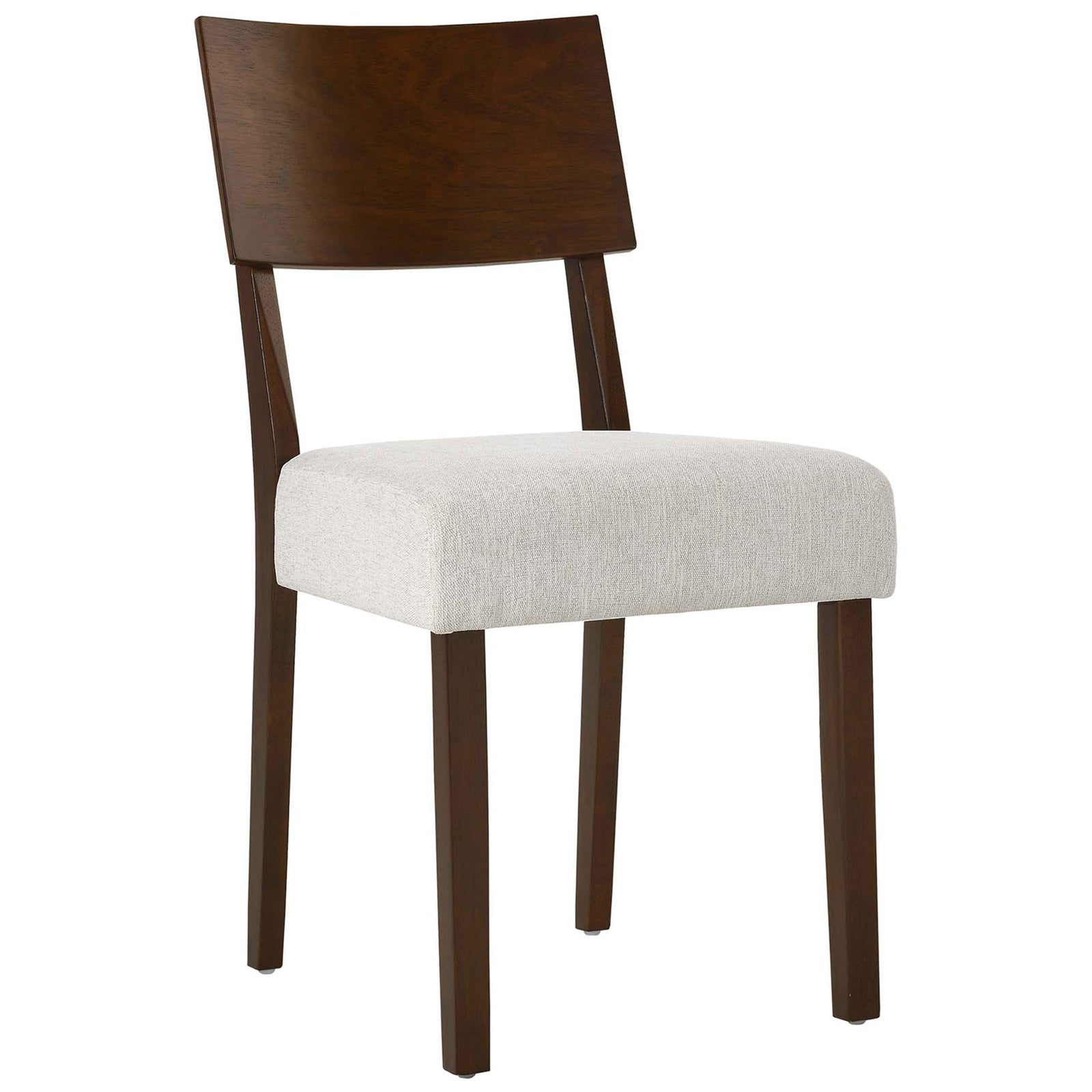 Armless walnut dining chair with a thick ivory cushioned seat and clean-lined back. || EEI-6804-WAL-HEI || front_angle_studio