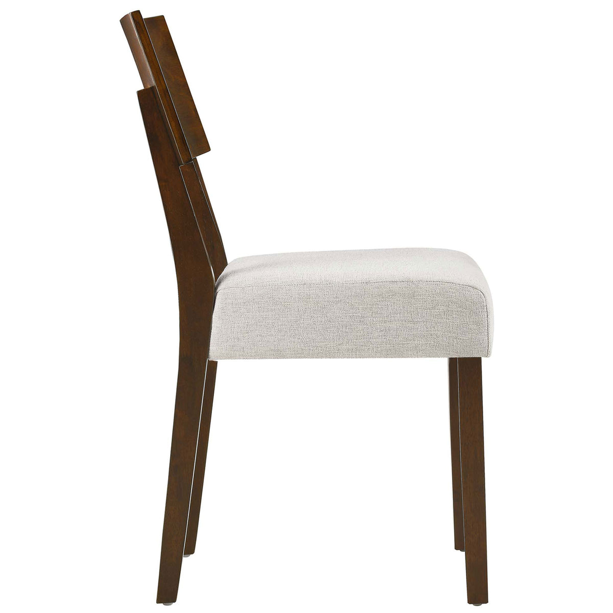 Slim profile of the Pax dining chair highlighting deep seat padding and angled wood legs. || EEI-6804-WAL-HEI || side_studio