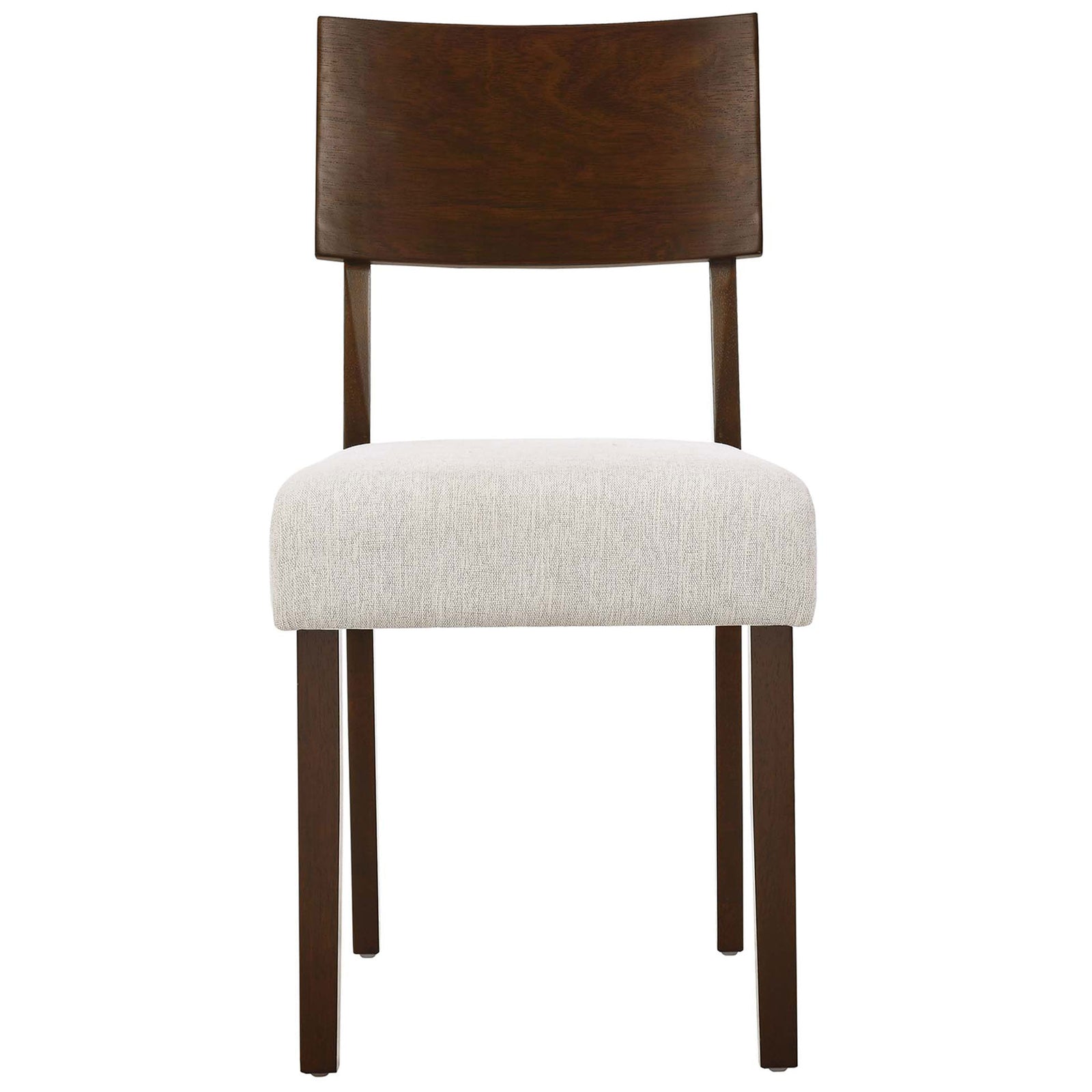 Walnut dining chair with wide ivory seat cushion and simple, modern silhouette. || EEI-6804-WAL-HEI || front_studio