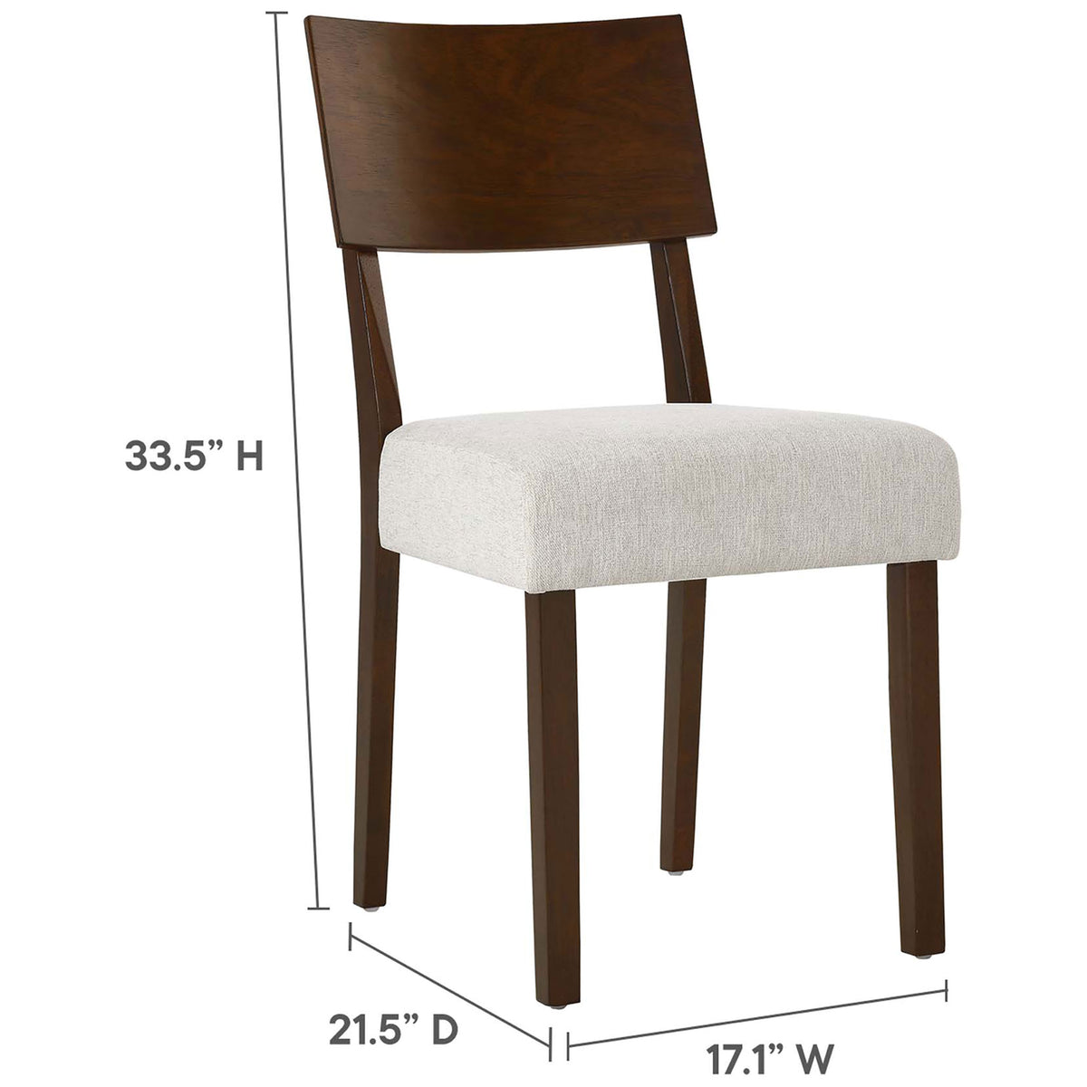 Dining chair with labeled dimensions for height, width, and depth to assist with space planning. || EEI-6804-WAL-HEI || dimension_studio