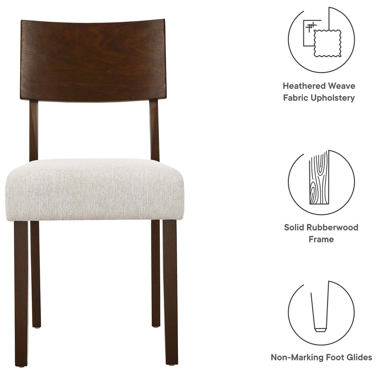 Key features highlighted include heathered fabric upholstery, solid rubberwood frame, and non-marking foot glides. || EEI-6804-WAL-HEI || callout_studio