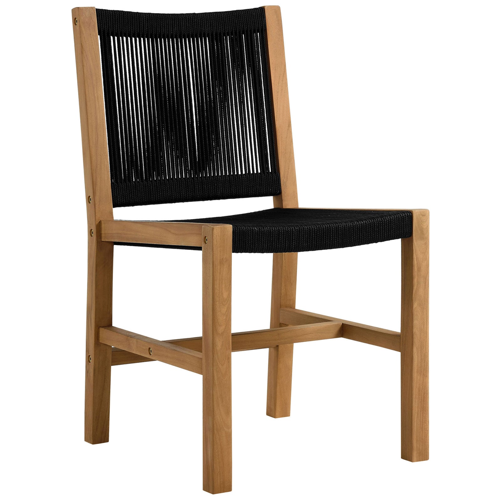 Streamlined armless chair pairs warm teak with black rope for a modern, space-saving profile || EEI-6805-NAT-BLK || front_angle_studio