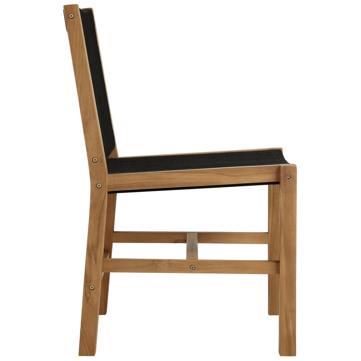Teak and black rope dining chair features a gently reclined back and sturdy H-frame base || EEI-6805-NAT-BLK || side_studio