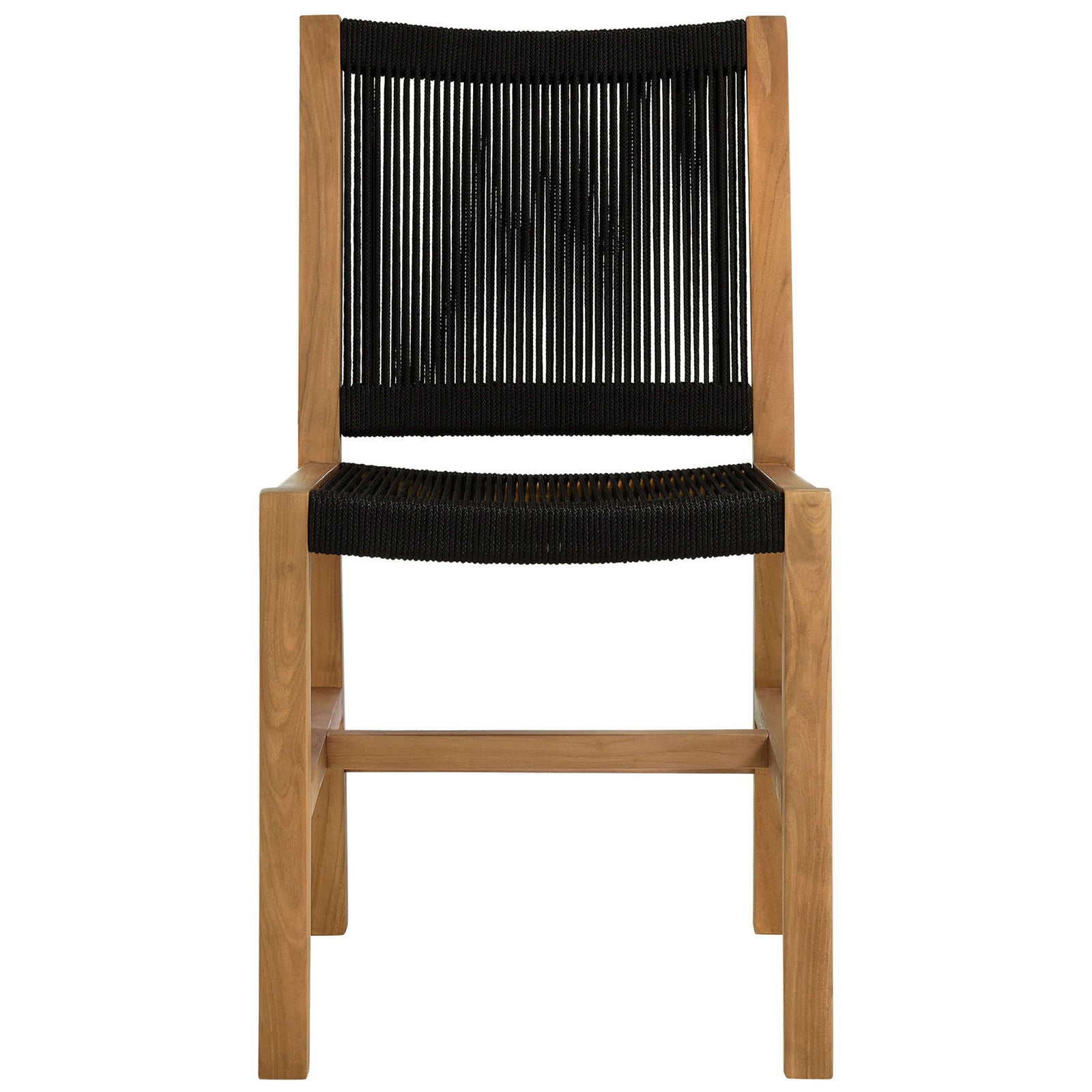 Teak outdoor dining chair with black rope seat and backrest brings sleek, armless seating to patios || EEI-6805-NAT-BLK || front_studio