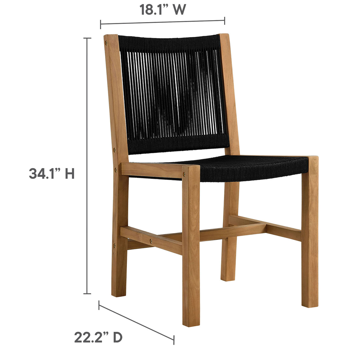 Dimension graphic shows the overall width, depth, and height of the armless teak and black rope chair || EEI-6805-NAT-BLK || dimension_studio