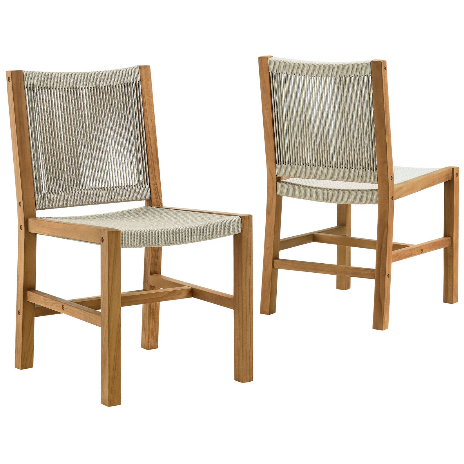 Set of two armless teak dining chairs with natural rope seats ideal for flexible outdoor seating || EEI-6805-NAT-NAT || front_angle_multi_studio